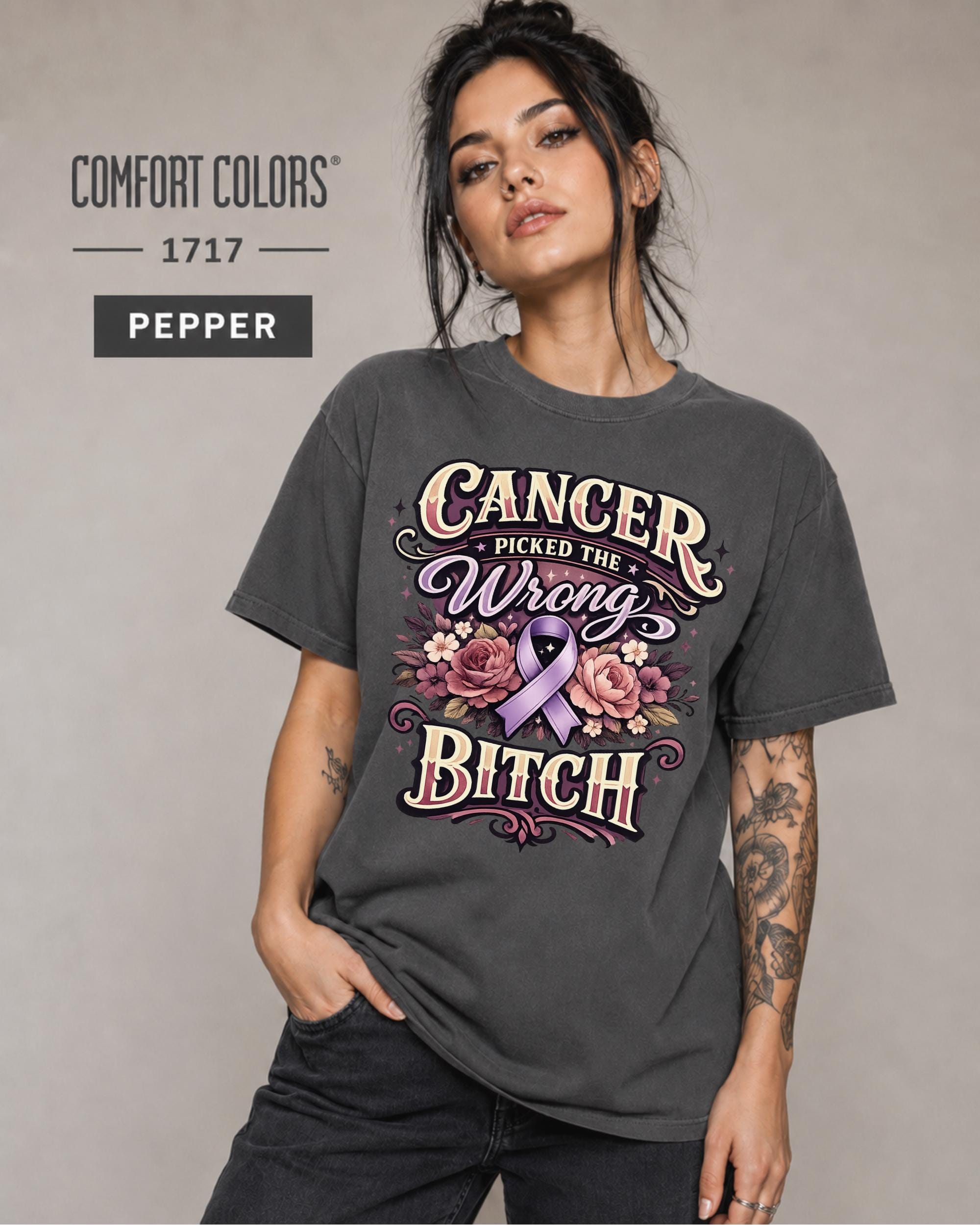 Woman wearing a Comfort Color 1717 cancer fighter shirt featuring Cancer Picked the Wrong Bitch text, pink ribbon, and floral artwork.