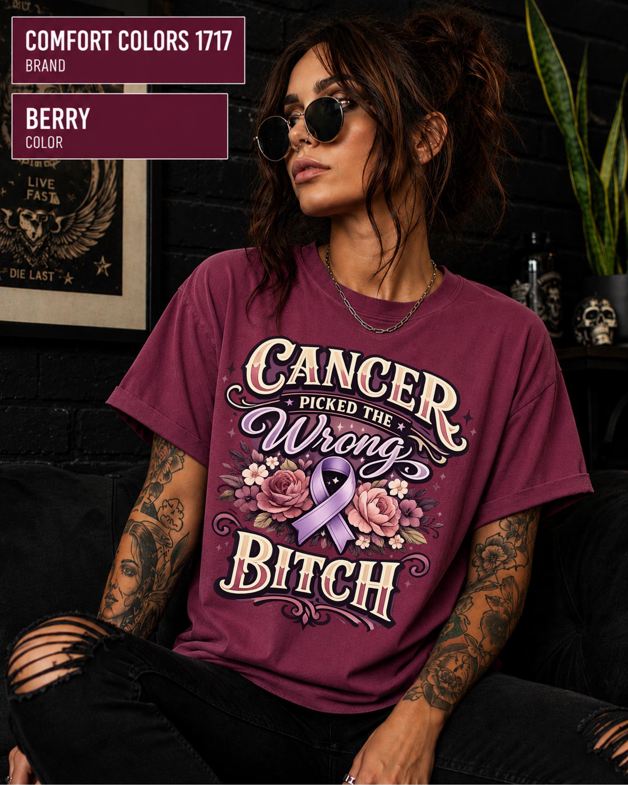 Woman wearing a Comfort Color 1717 cancer fighter shirt featuring Cancer Picked the Wrong Bitch text, pink ribbon, and floral artwork.
