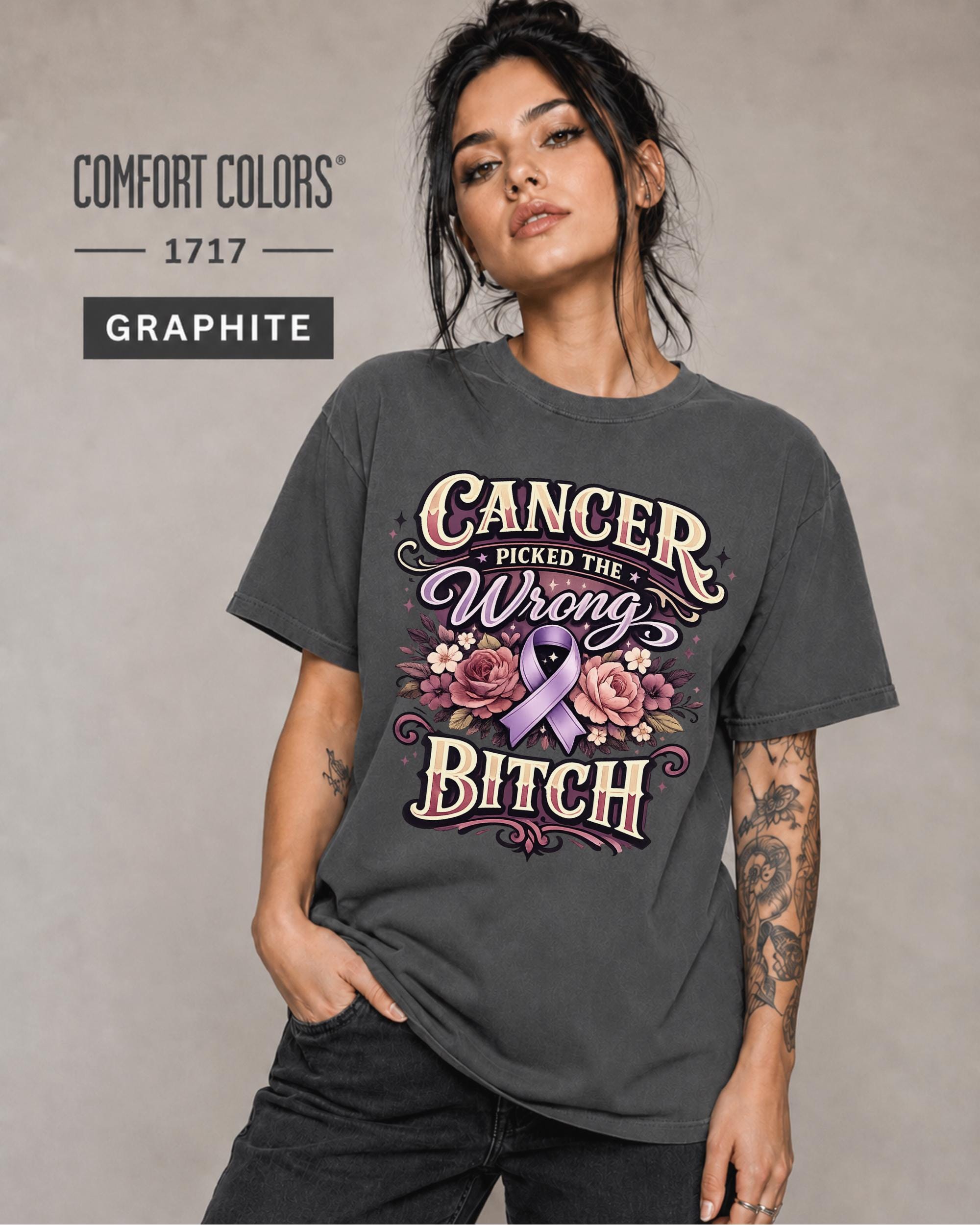 Woman wearing a Comfort Color 1717 cancer fighter shirt featuring Cancer Picked the Wrong Bitch text, pink ribbon, and floral artwork.