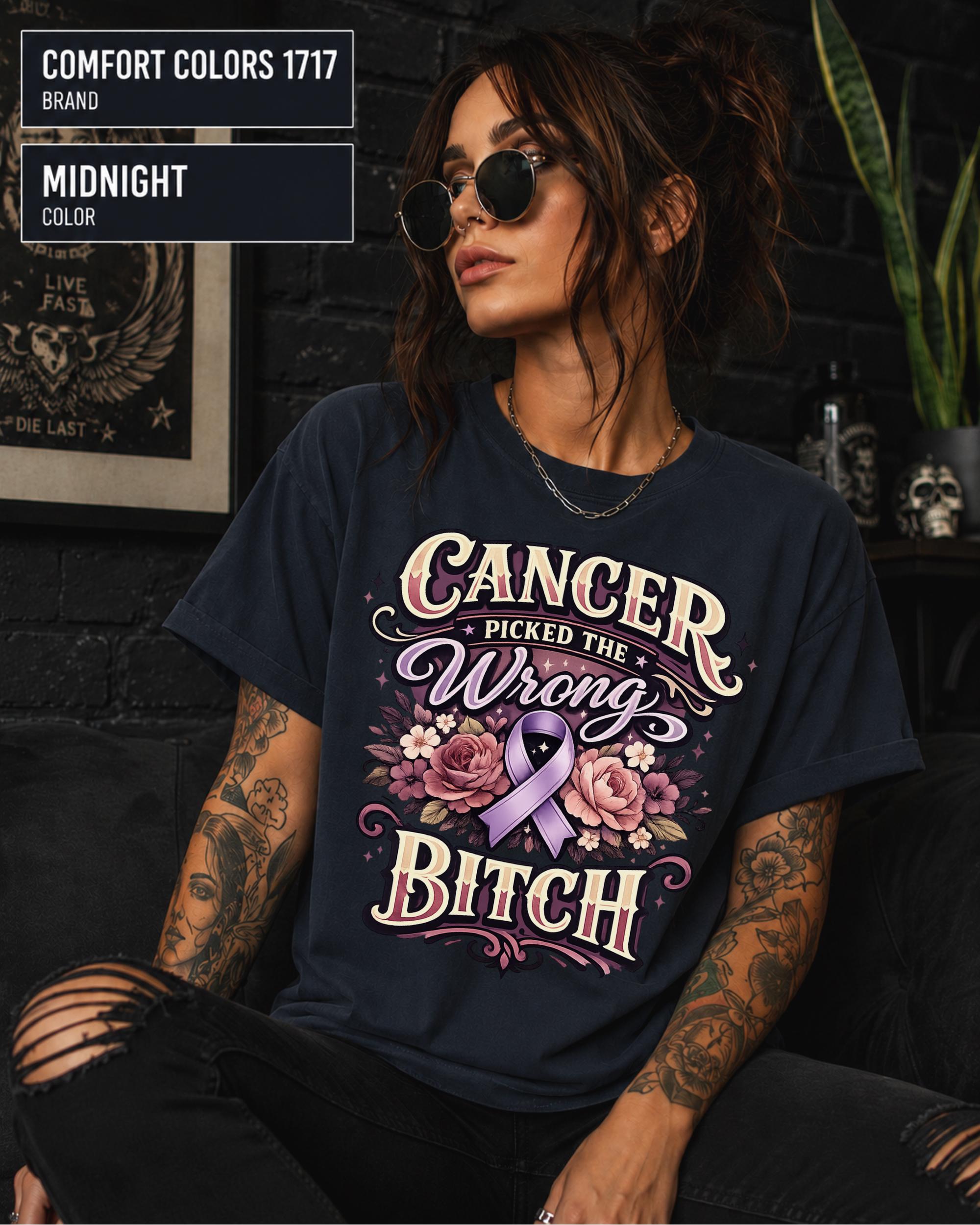 Woman wearing a Comfort Color 1717 cancer fighter shirt featuring Cancer Picked the Wrong Bitch text, pink ribbon, and floral artwork.