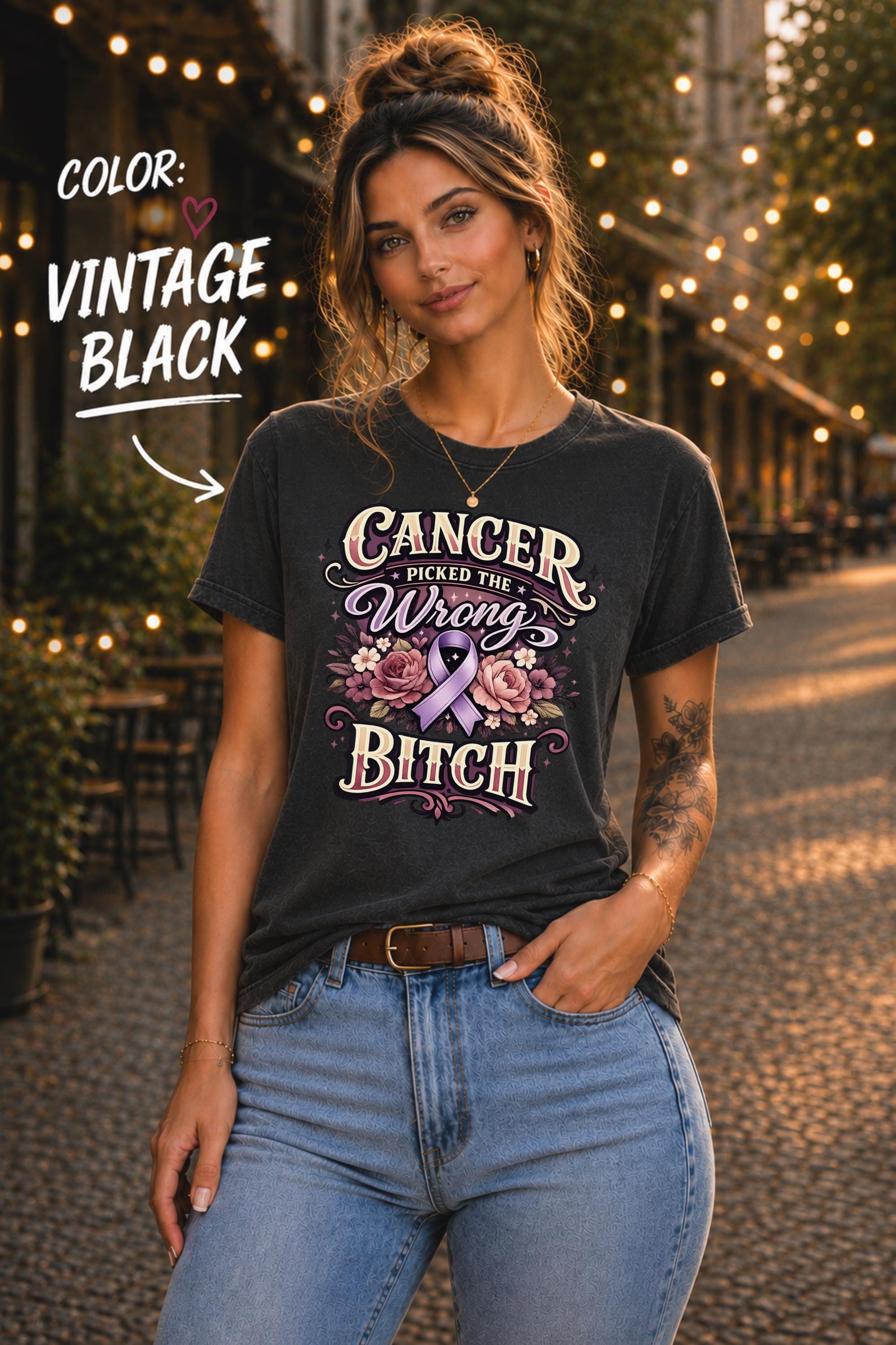 Woman wearing a Bella+Canvas 3001 cancer fighter shirt featuring Cancer Picked the Wrong Bitch text, pink ribbon, and floral artwork.