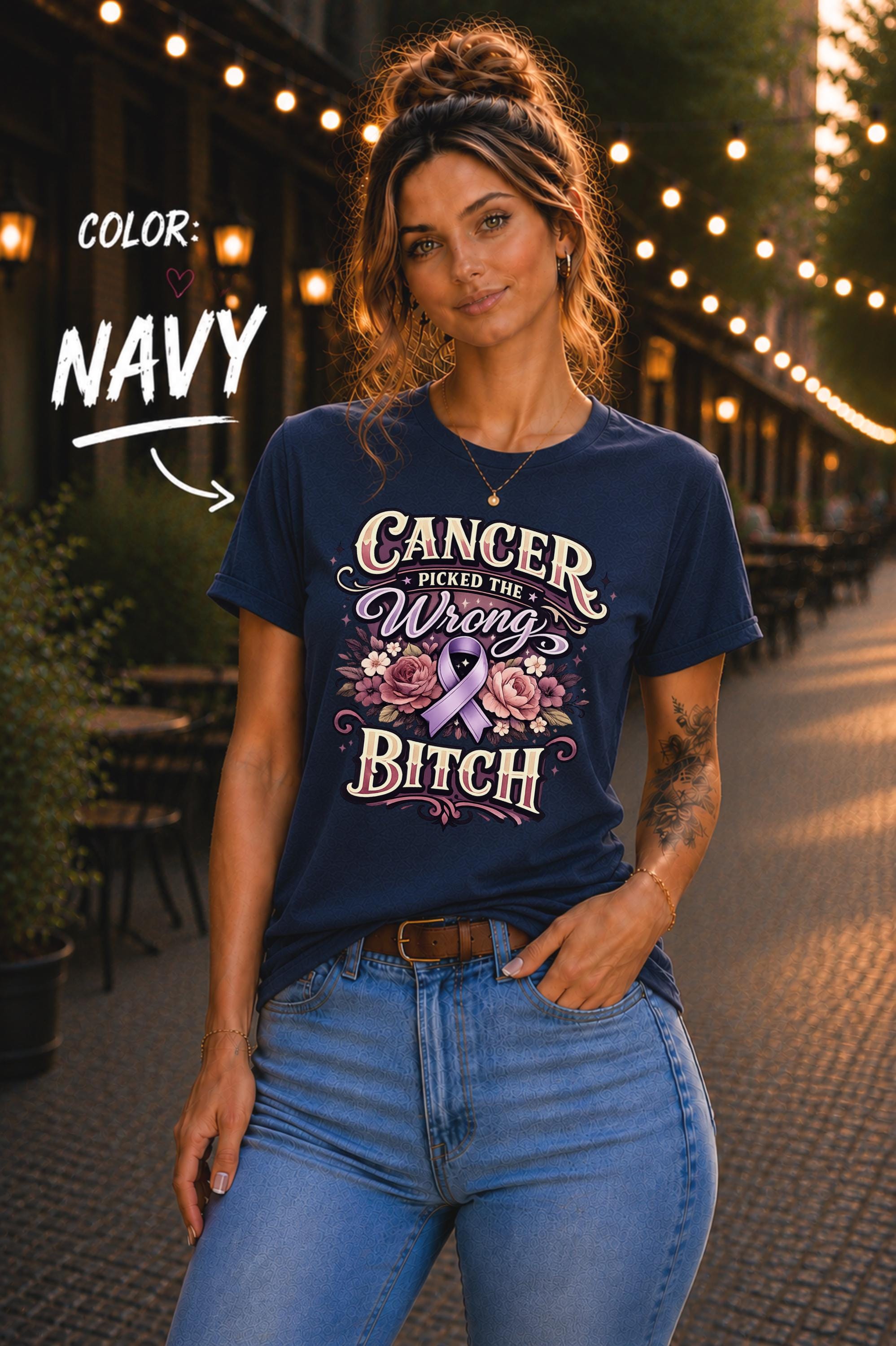 Woman wearing a Bella+Canvas 3001 cancer fighter shirt featuring Cancer Picked the Wrong Bitch text, pink ribbon, and floral artwork.