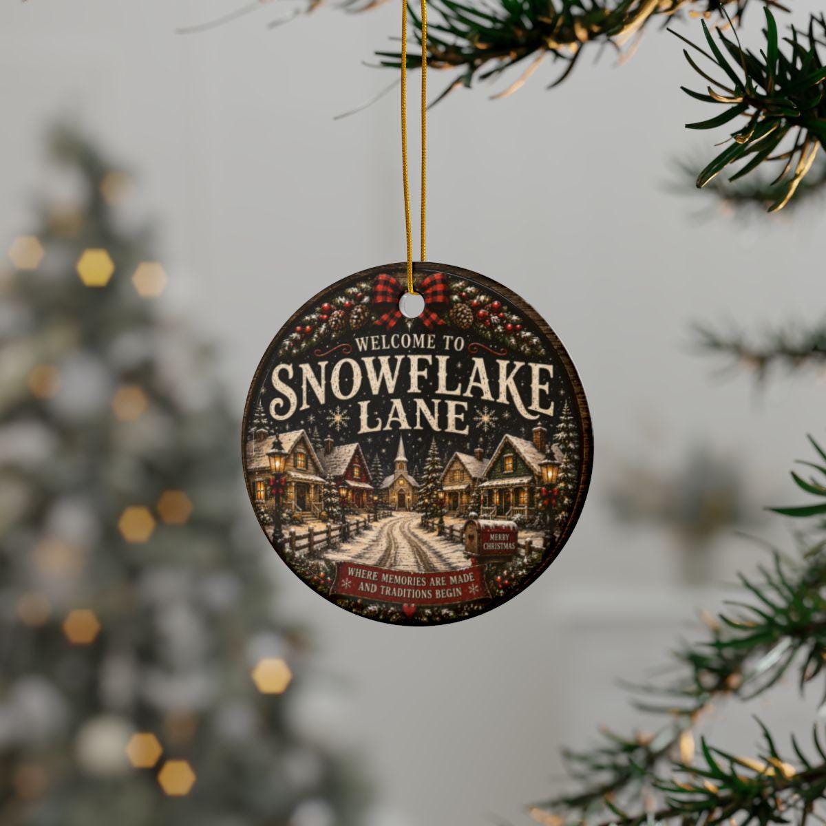 Round Snowflake Lane Christmas ornament featuring a snowy village, glowing houses, church, and vintage holiday details.