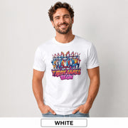 Male model wearing a white T-shirt featuring stylish cartoon rabbits and bold “Let the Tariff Games Begin” text.