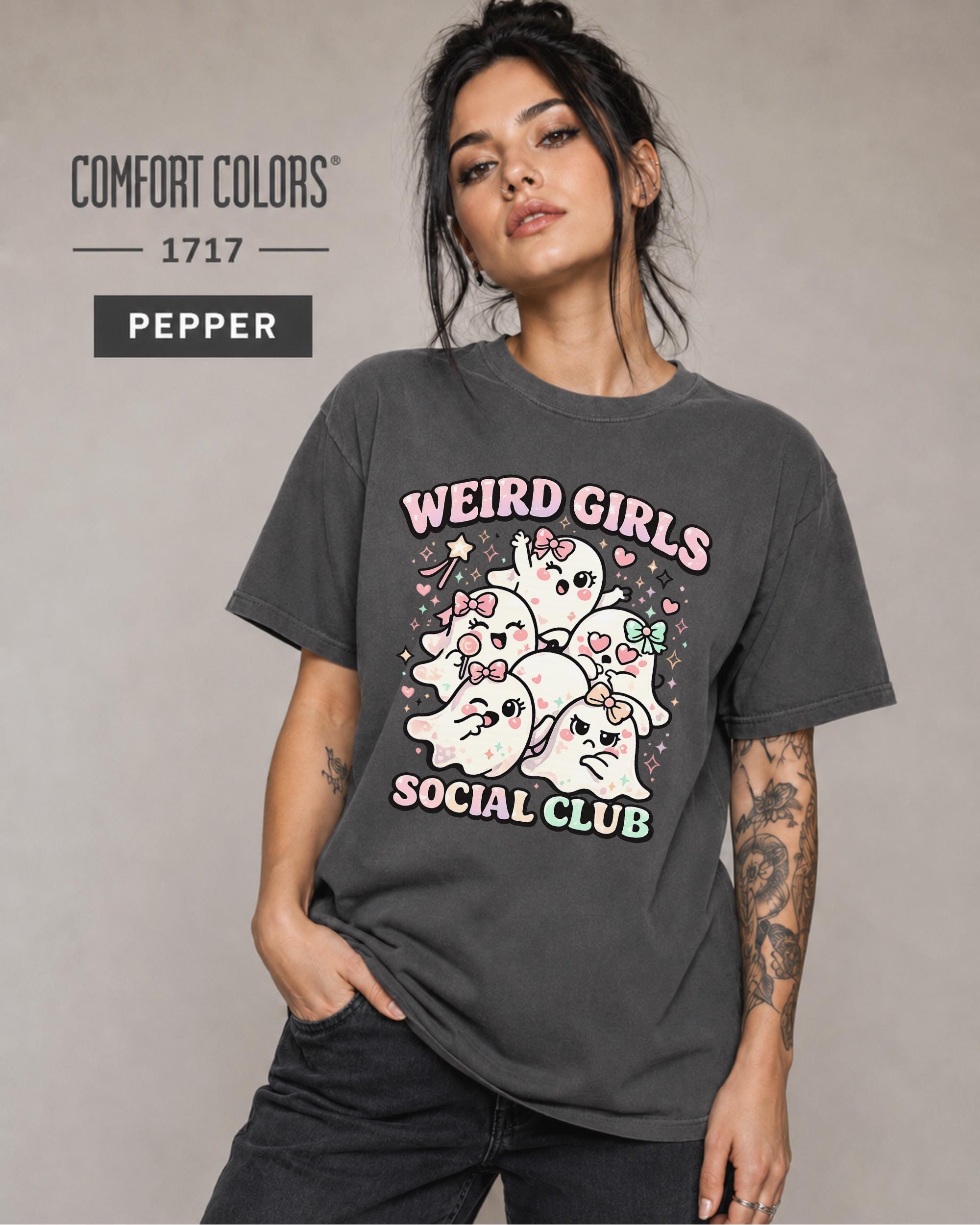 Pepper graphic tee featuring five playful ghosts decorated with pink, mint, and peach bows.