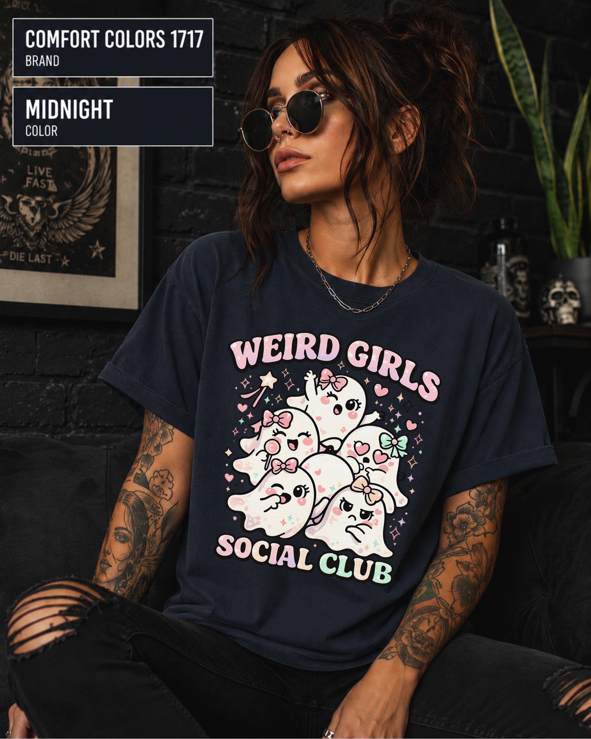 Cute ghost social club design printed on a midnight garment-dyed Comfort Colors tee.