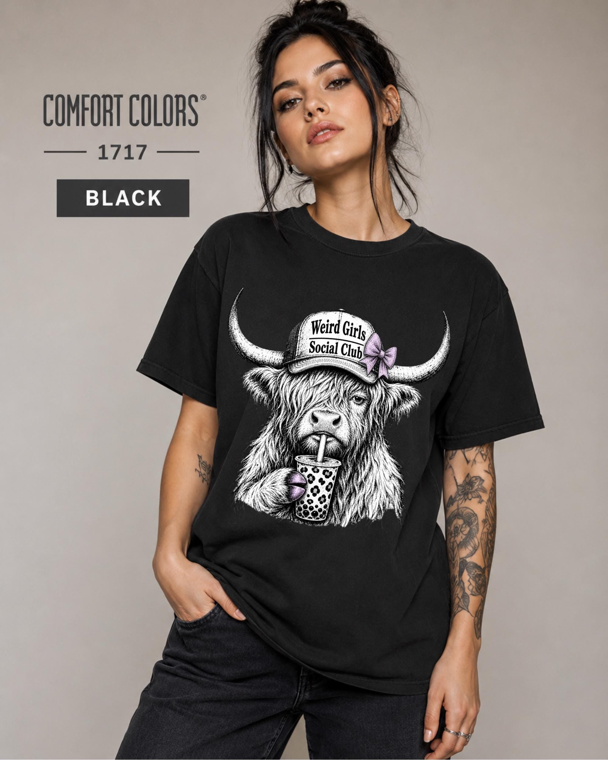Coquette cow T-shirt featuring lavender bows, monochrome artwork, and playful weird girl energy.