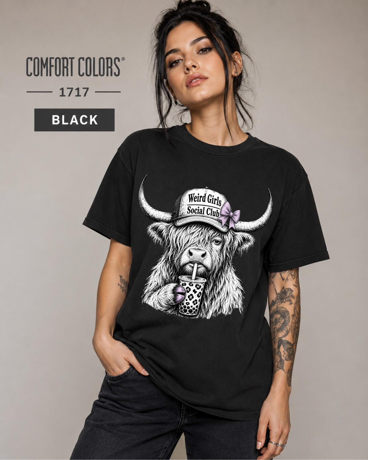 Coquette cow T-shirt featuring lavender bows, monochrome artwork, and playful weird girl energy.