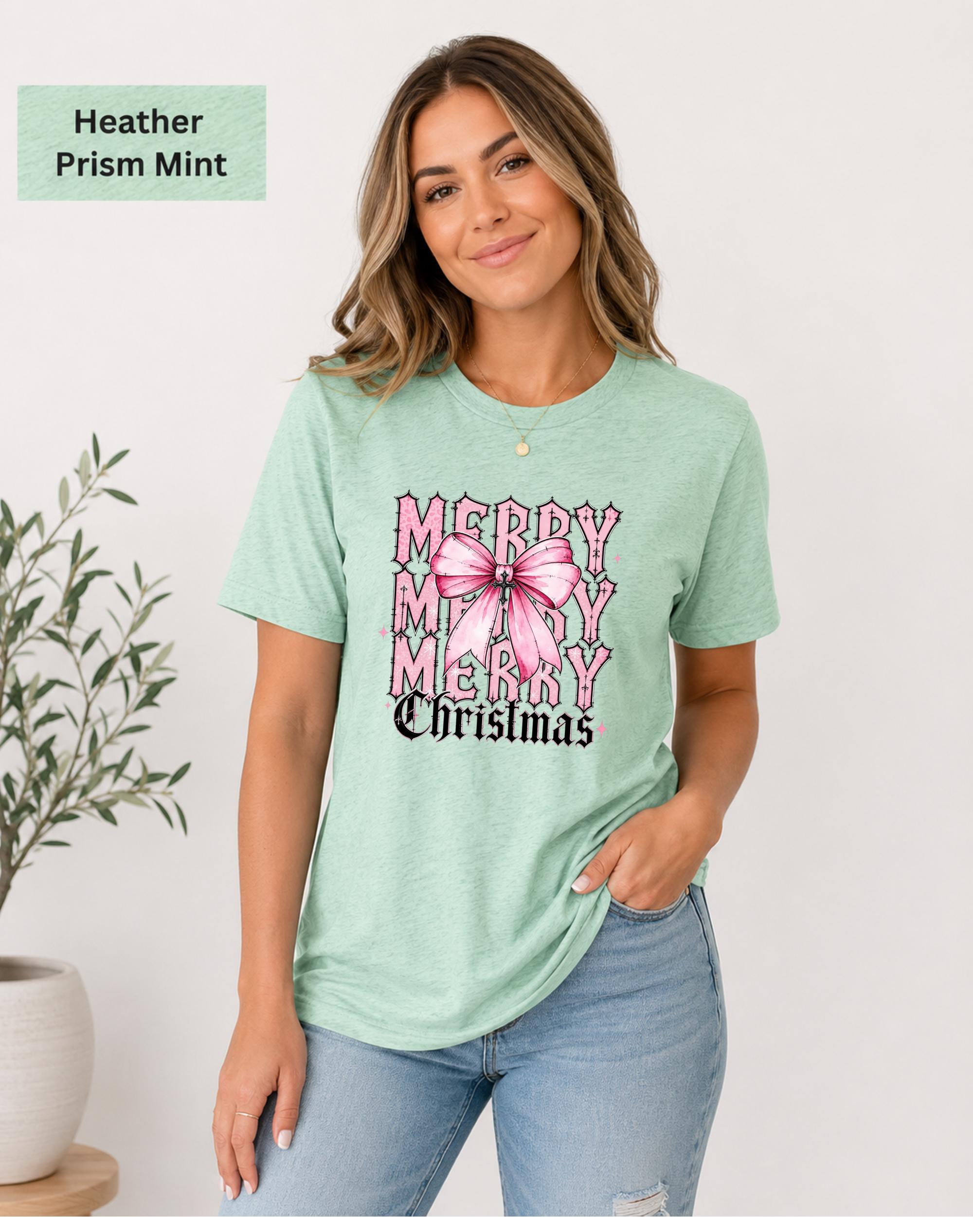 Bella Canvas heather prism mint Christmas t-shirt mockup with feminine holiday design