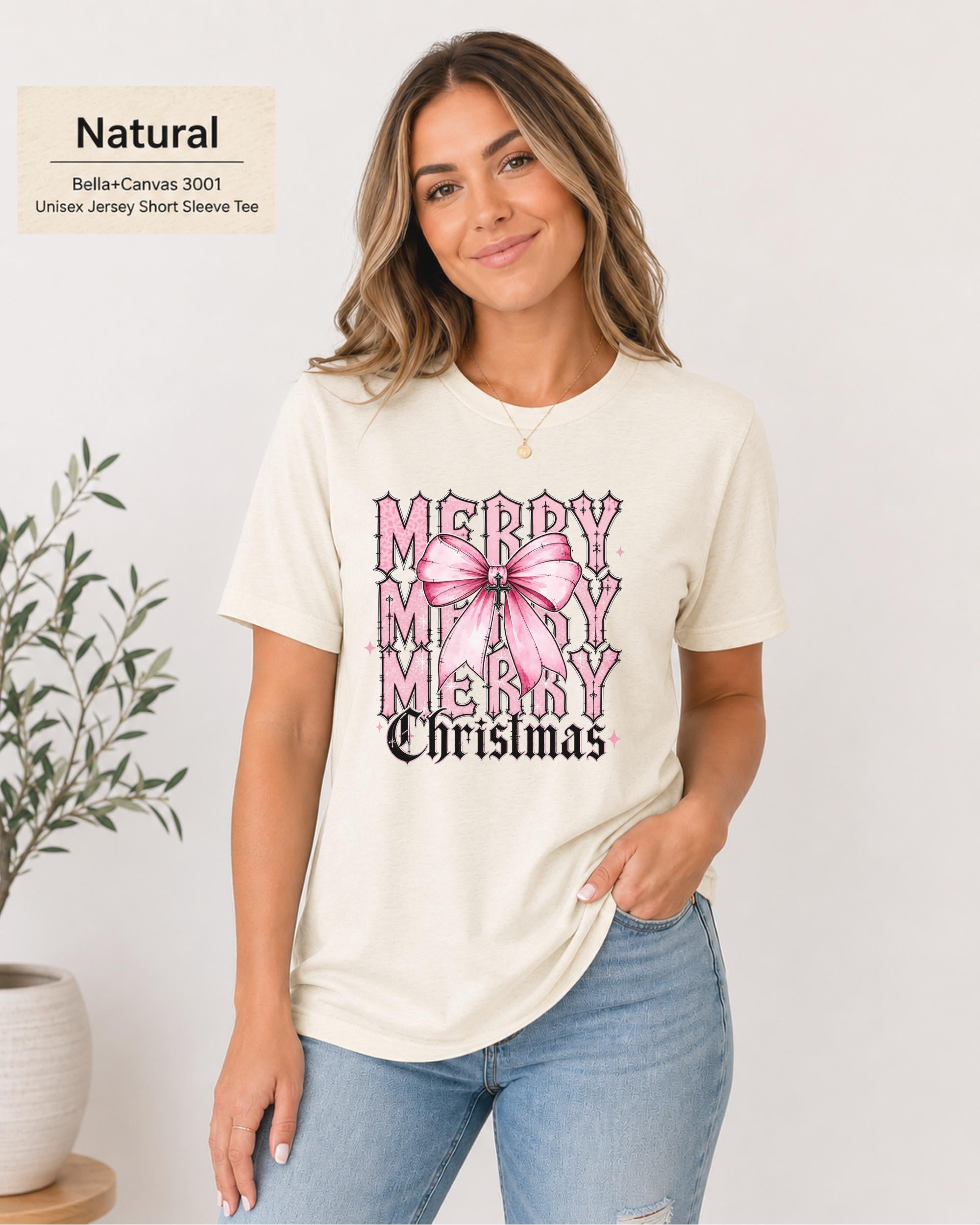 Trendy Christmas shirt for women with festive bow graphic on natural tee