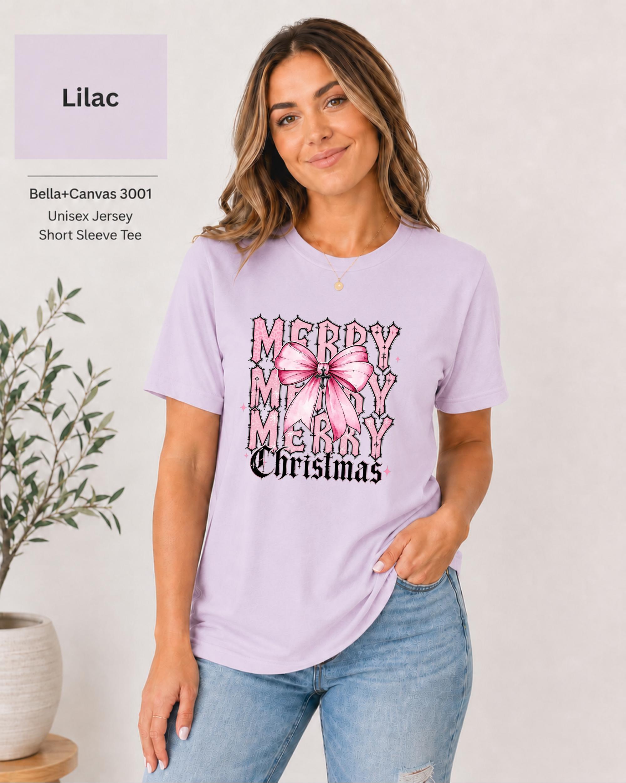 Cute coquette holiday shirt with Merry Christmas design and pastel pink bow
