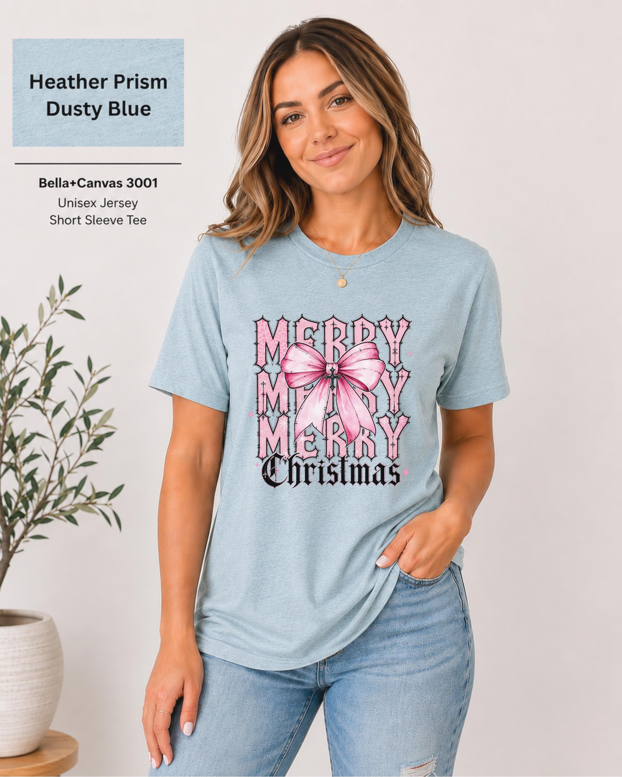 Retro Christmas tee with pink bow aesthetic on Ash Bella Canvas unisex shirt