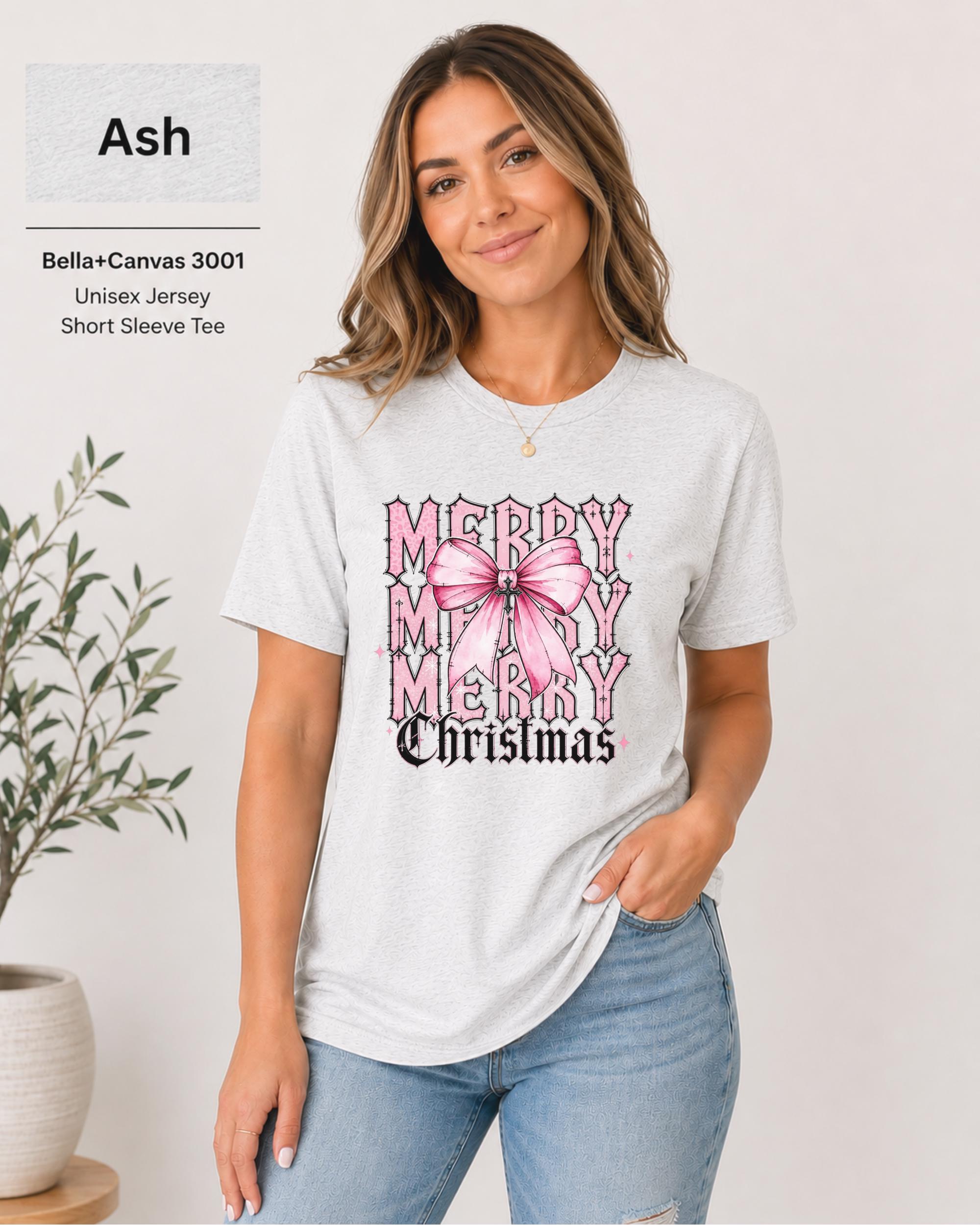 Merry Merry Merry Christmas Bella Canvas 3001 Ash t-shirt mockup with pink bow design