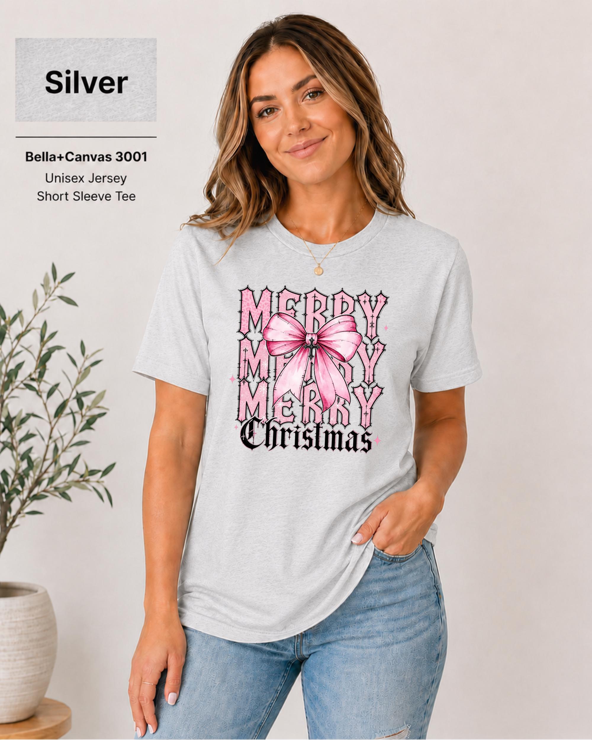 Women's retro holiday shirt with coquette Christmas graphic and bow