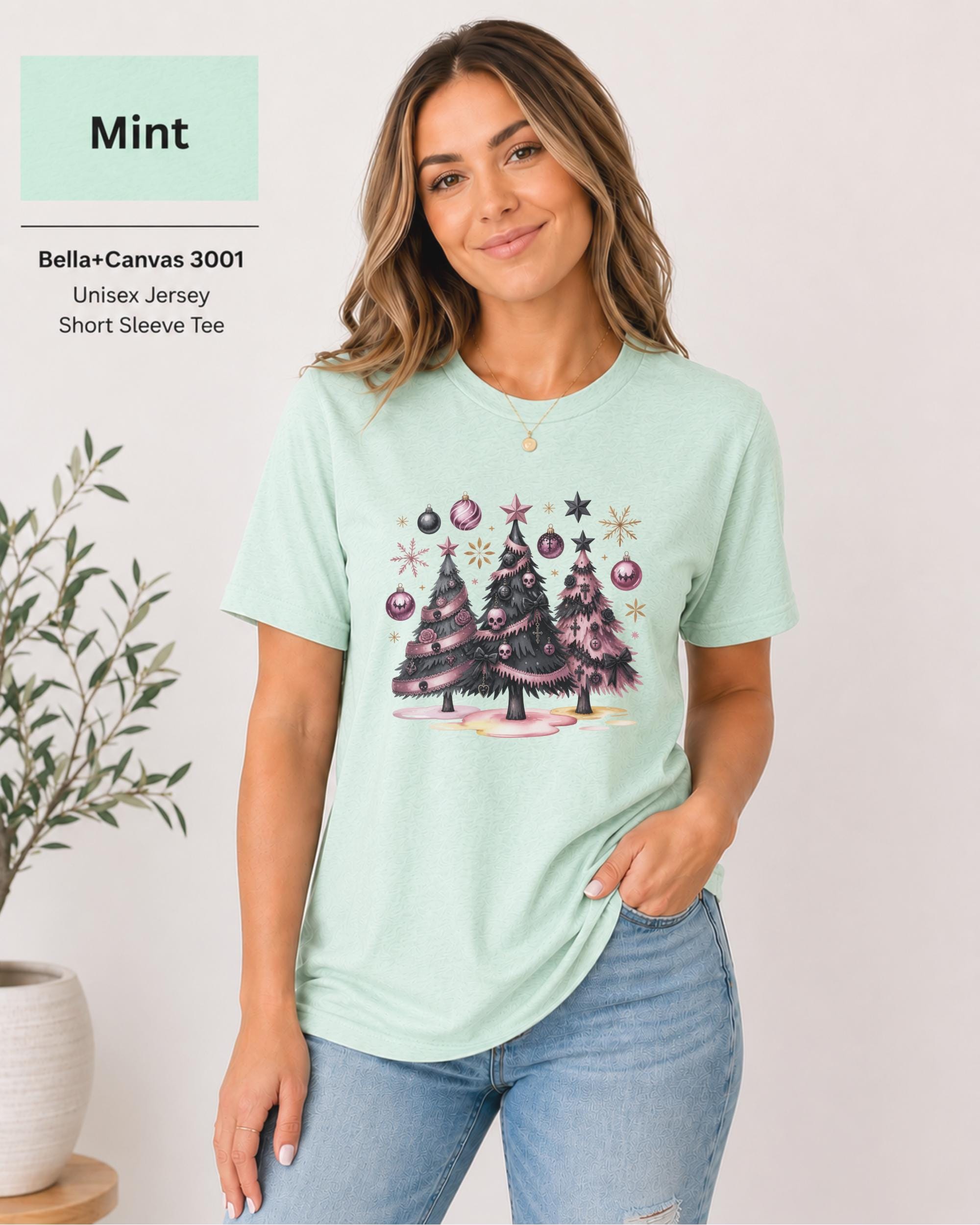 Alternative holiday shirt with black and blush Christmas trees