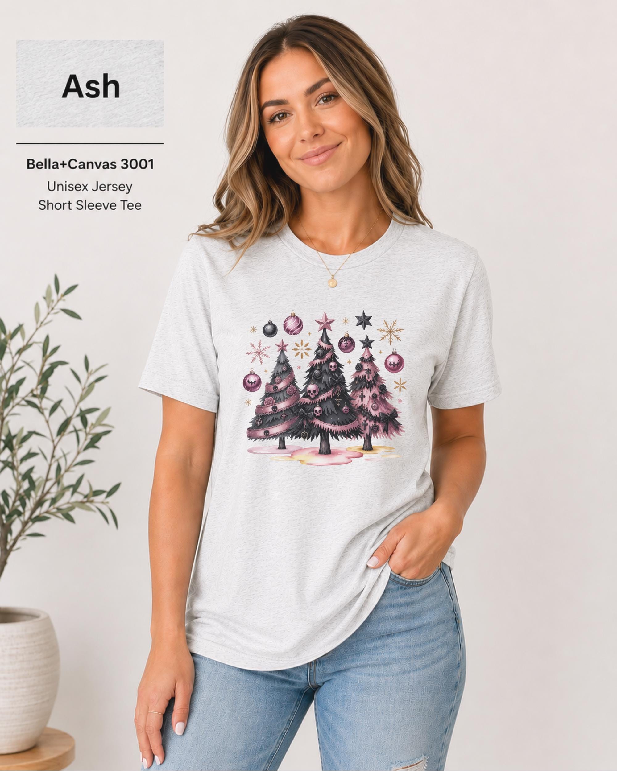 Pink gothic Christmas tree graphic tee on Ash Bella Canvas 3001 mockup