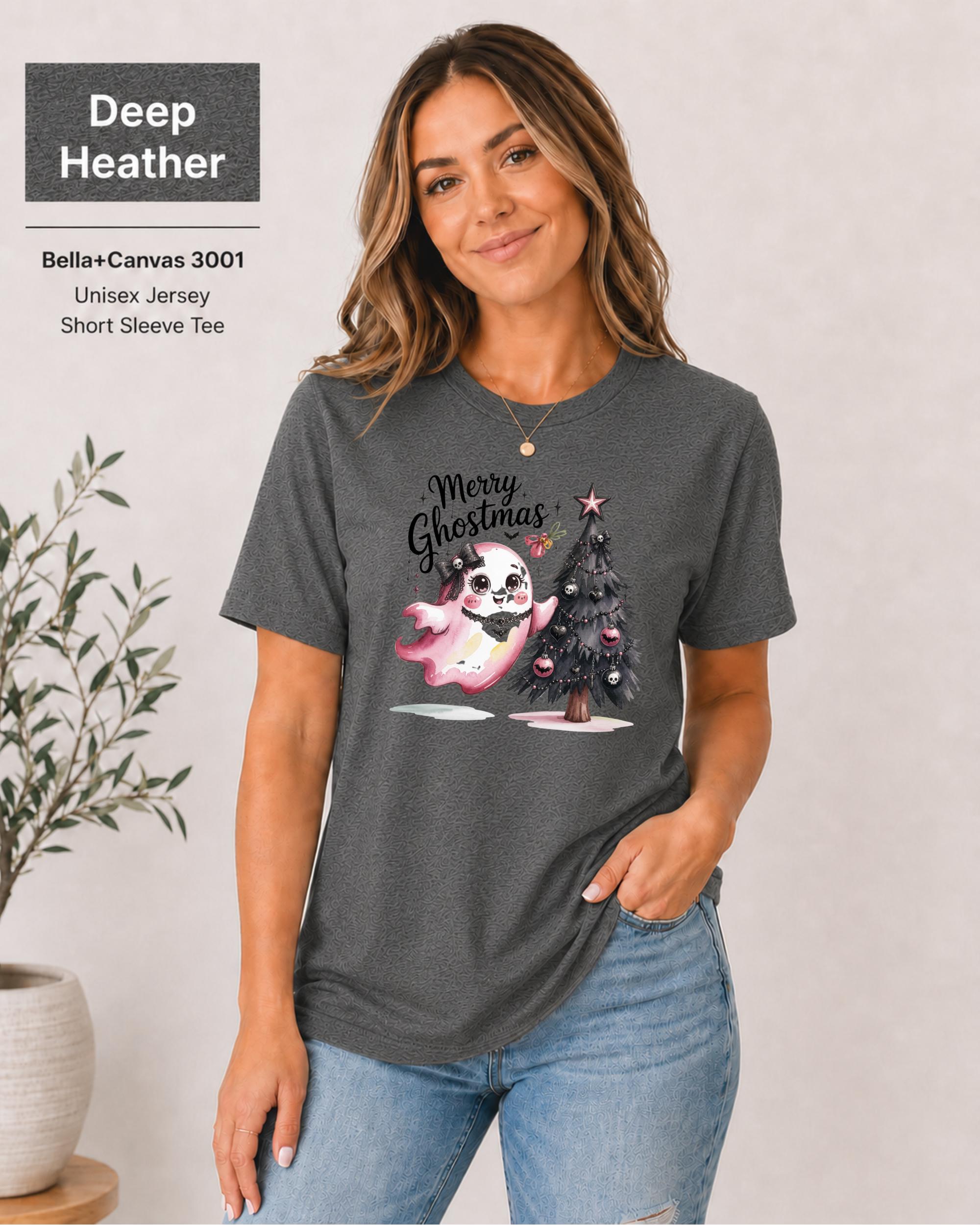 Pastel goth holiday shirt with cute ghost and pink Christmas aesthetic.