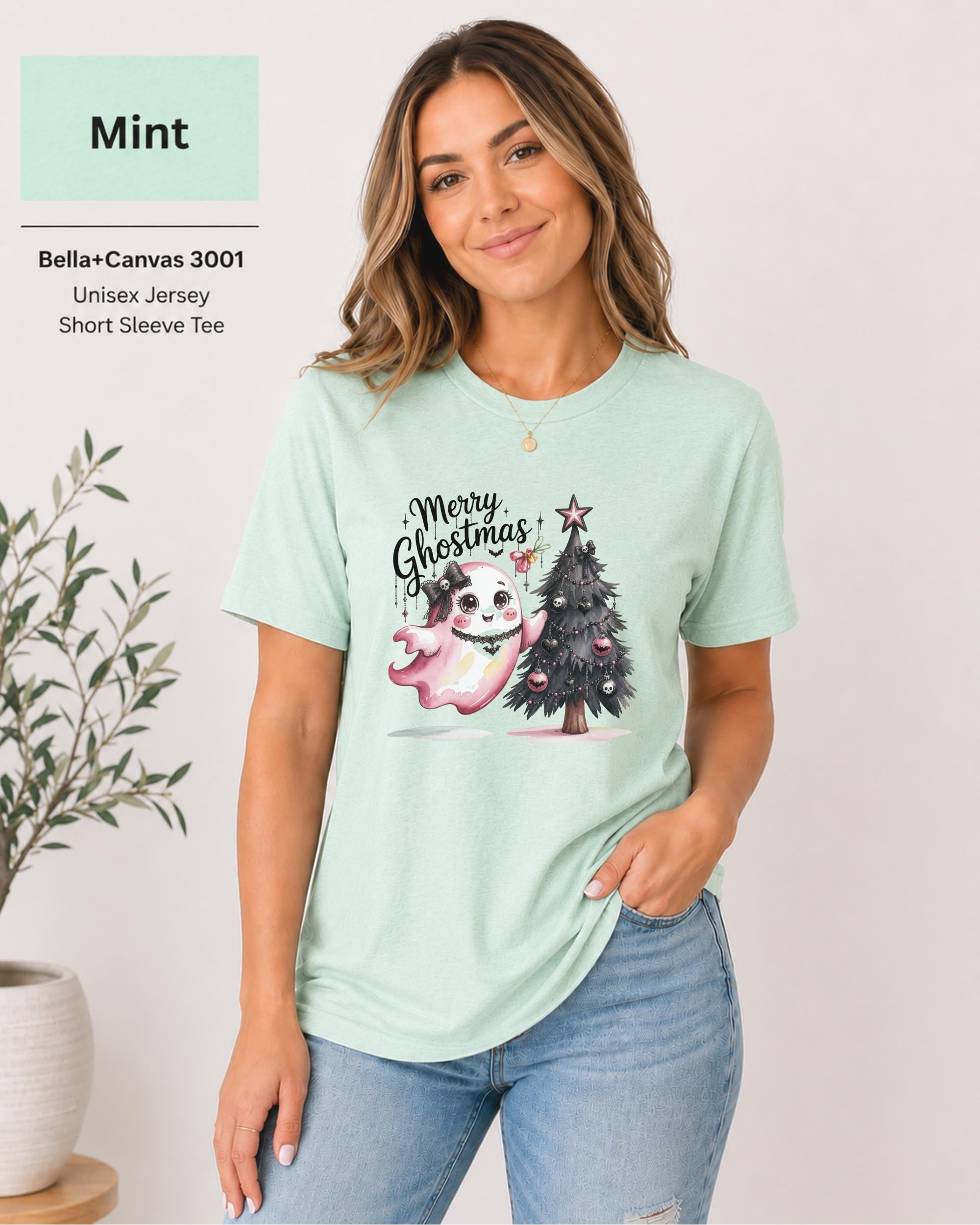Soft unisex Christmas t-shirt featuring whimsical ghost and spooky tree illustration.