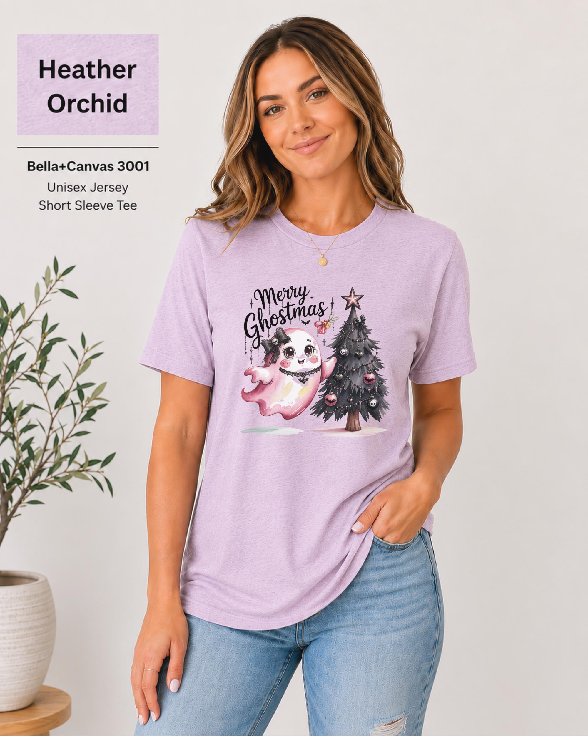 Alternative holiday graphic tee with pink ghost and gothic festive design.