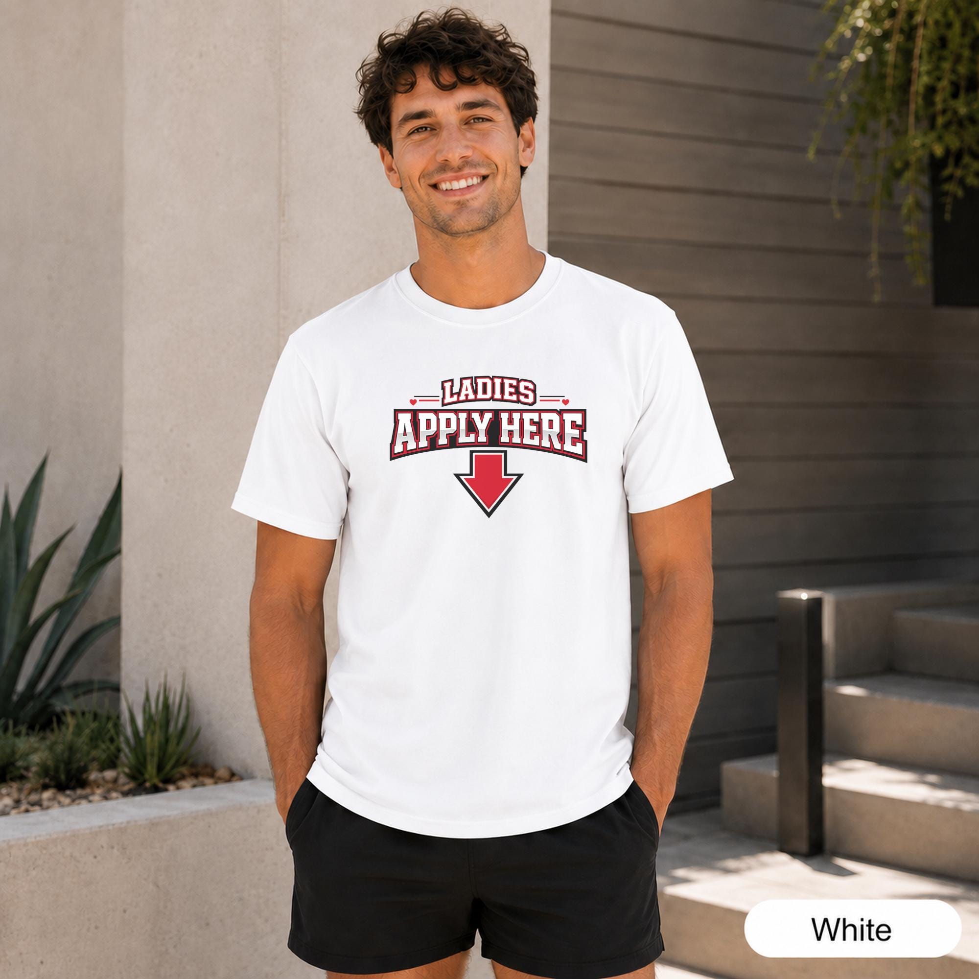 Front view of a funny men’s dating tee featuring bold red, black, and white varsity lettering.