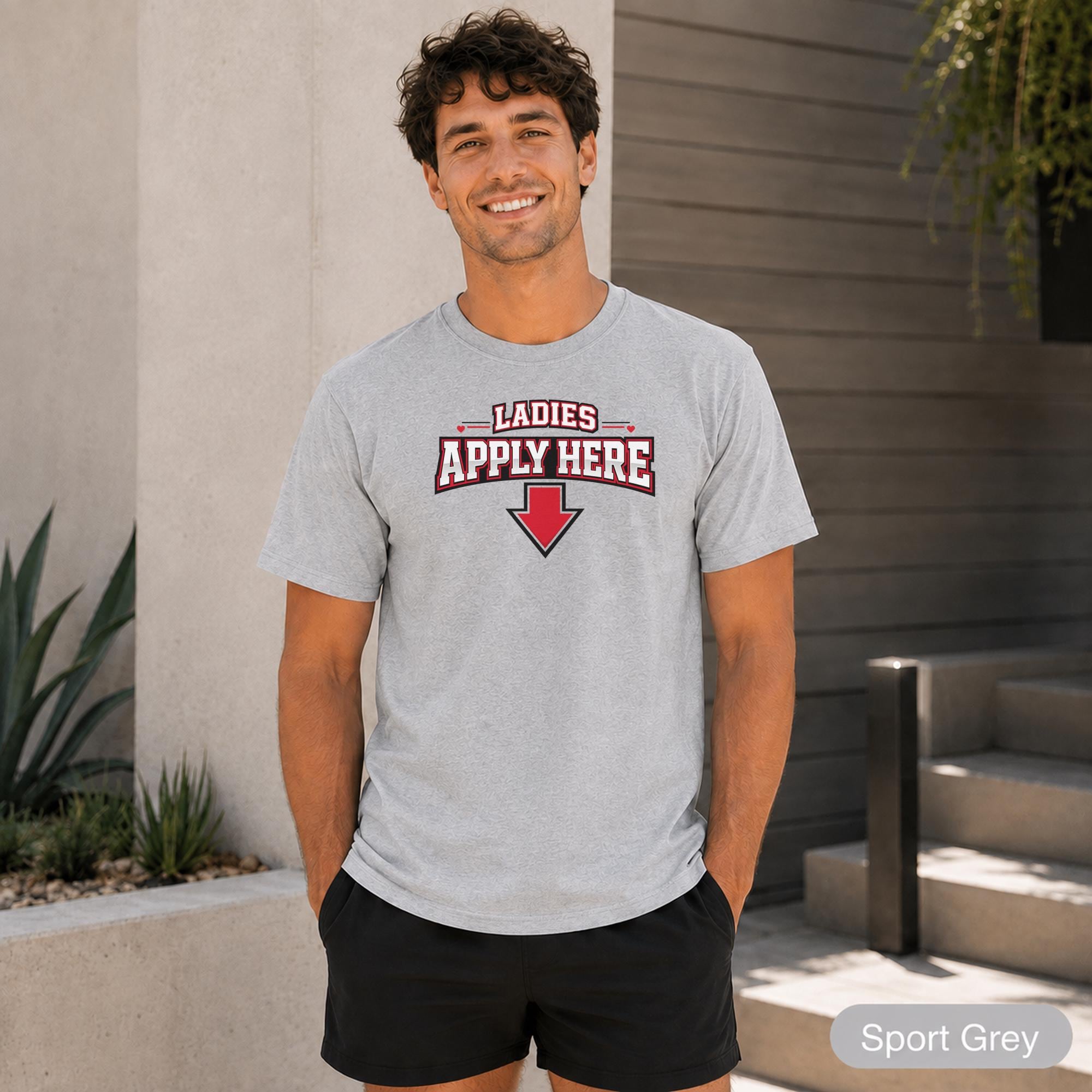 Front view of a funny men’s dating tee featuring bold red, black, and white varsity lettering.