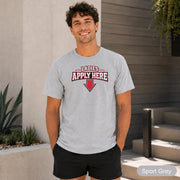Front view of a funny men’s dating tee featuring bold red, black, and white varsity lettering.