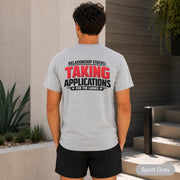 Back view of an Ash shirt reading Relationship Status Taking Applications for the Ladies.