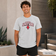 Two-sided single guy shirt displayed outdoors against a modern home background.