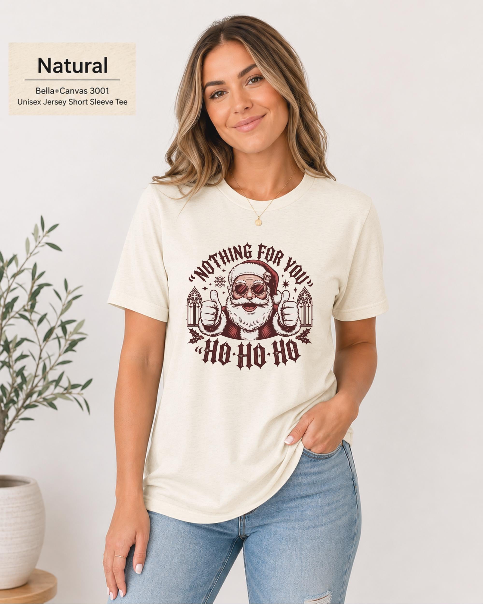 Sarcastic Christmas t-shirt with vintage gothic Santa design displayed on a soft Natural unisex shirt.