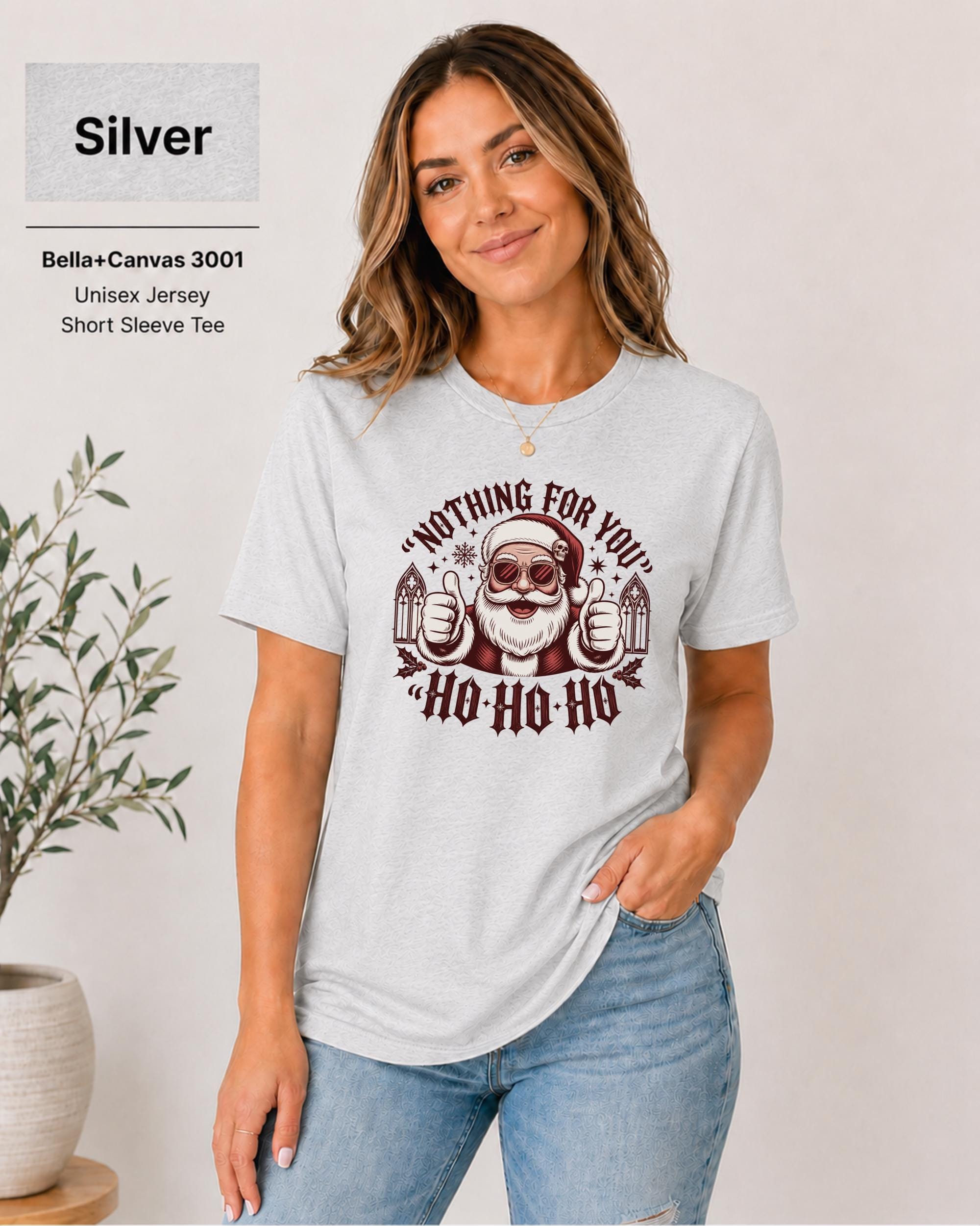 Funny Santa graphic tee featuring sunglasses, thumbs up, snowflakes, holly, and Ho Ho Ho lettering.