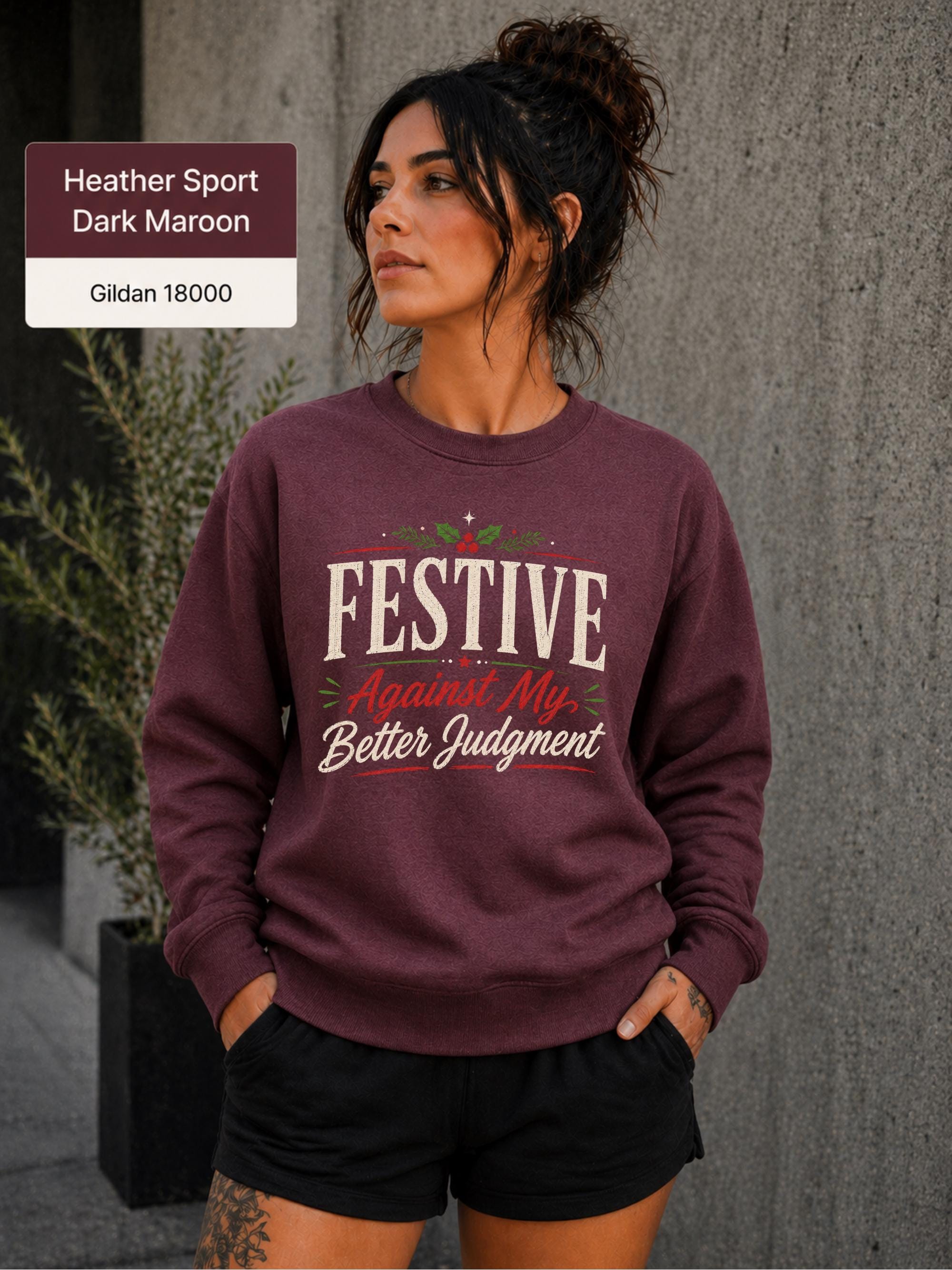 Heather sport dark Maroon Christmas crewneck perfect for office parties, family gatherings, and holiday celebrations.