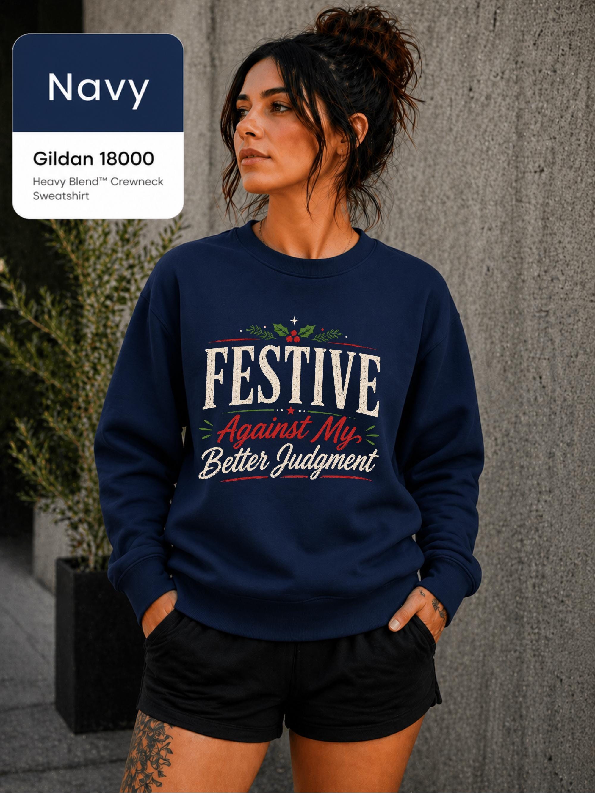 Gildan 18000 Christmas sweatshirt styled with black shorts for a casual winter outfit.