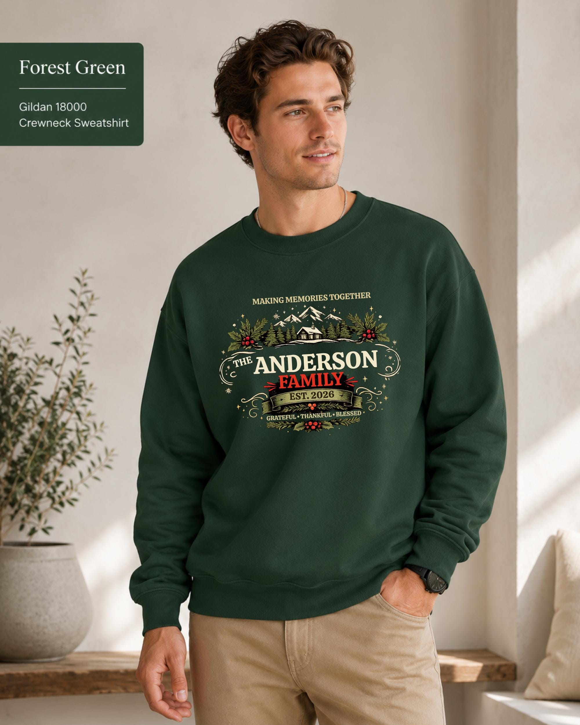 Family surname sweatshirt featuring vintage typography and rustic cabin artwork.