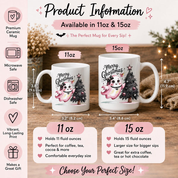 Product information on the Holiday mug featuring pink ghost illustration and gothic tree for coffee lovers.