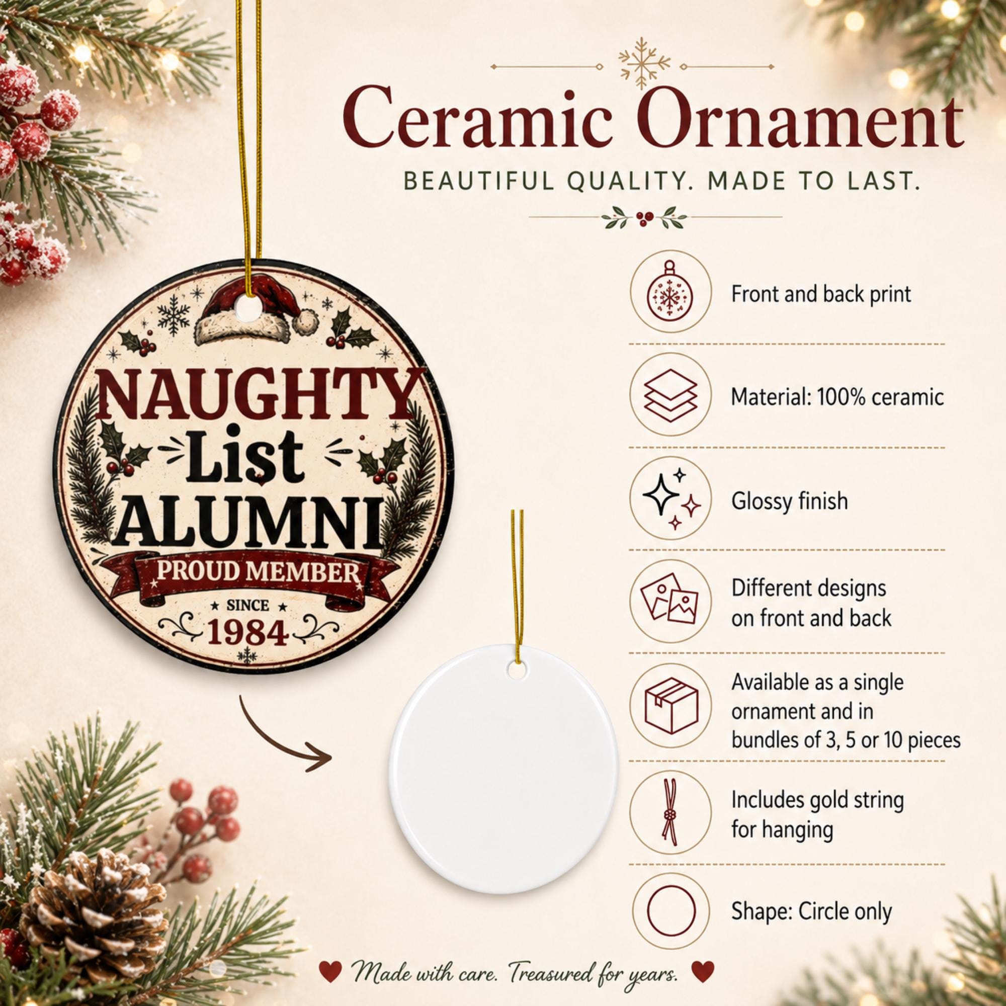 Naughty List Alumni ceramic Christmas ornament hanging on a decorated holiday tree with festive lights.