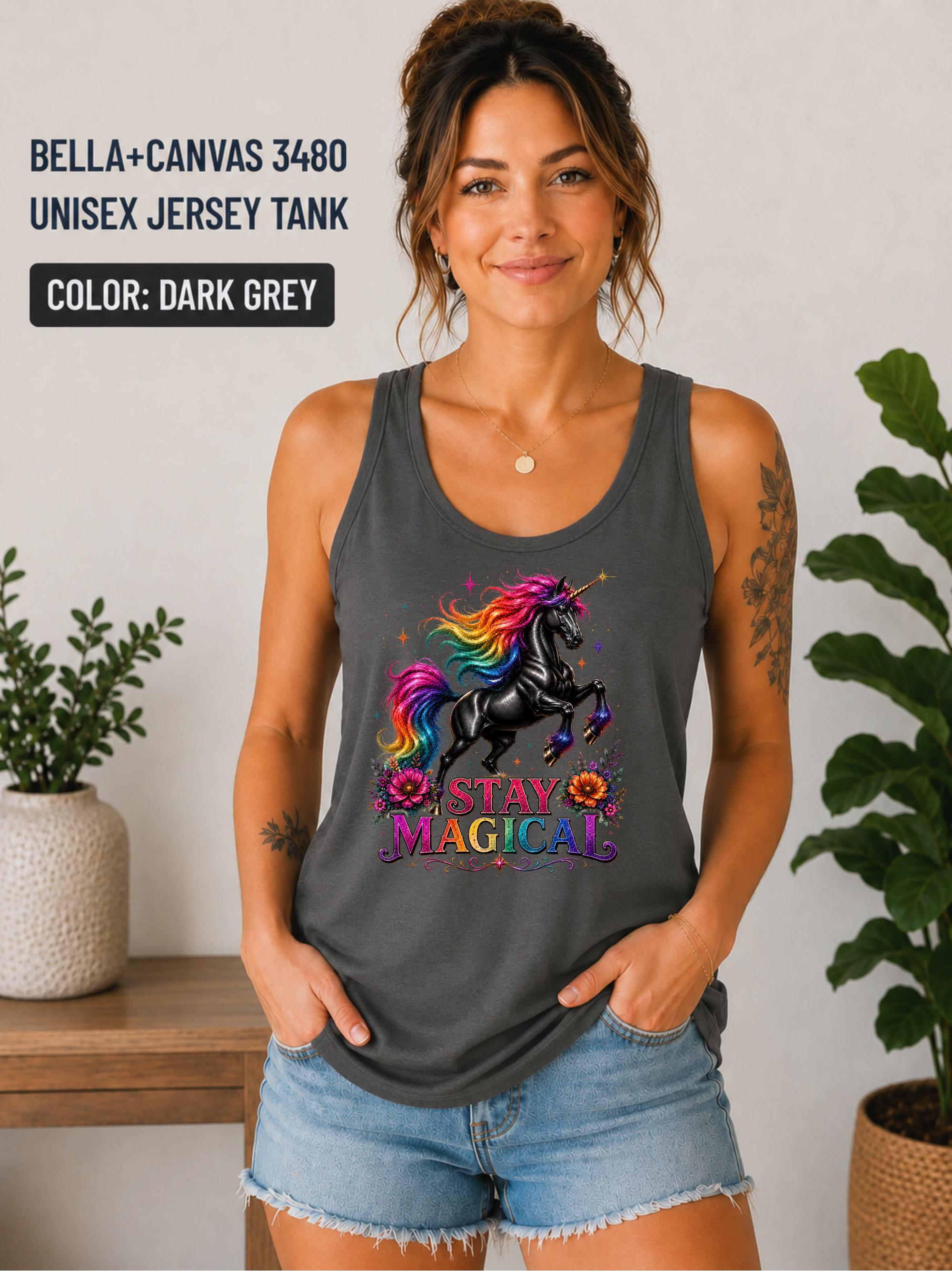 Front view of a women's dark grey unicorn tank top with vibrant rainbow mane artwork and floral accents.