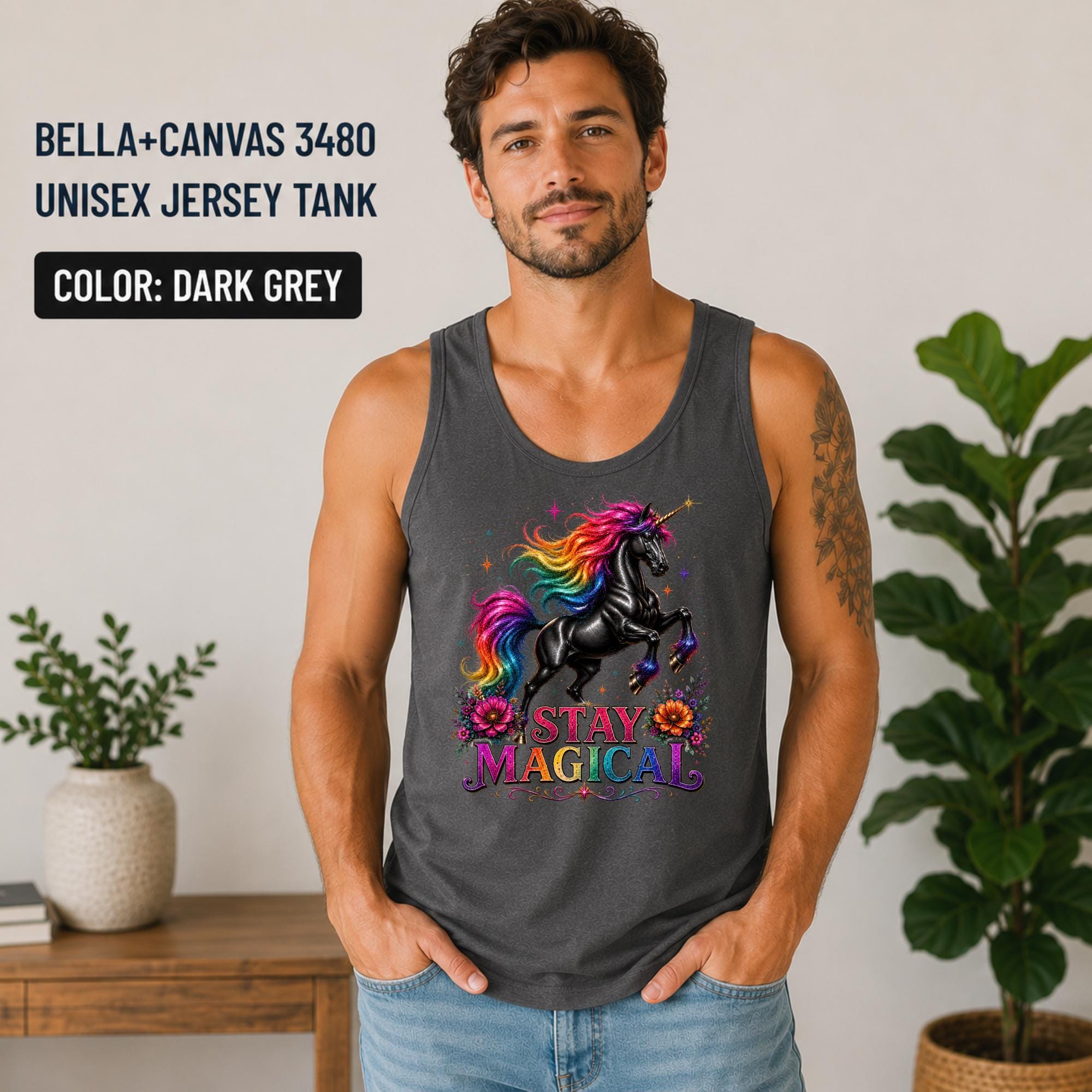 Lightweight unisex jersey tank with fantasy-inspired unicorn artwork, perfect for summer, festivals, and vacations.