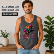 Lightweight unisex jersey tank with fantasy-inspired unicorn artwork, perfect for summer, festivals, and vacations.
