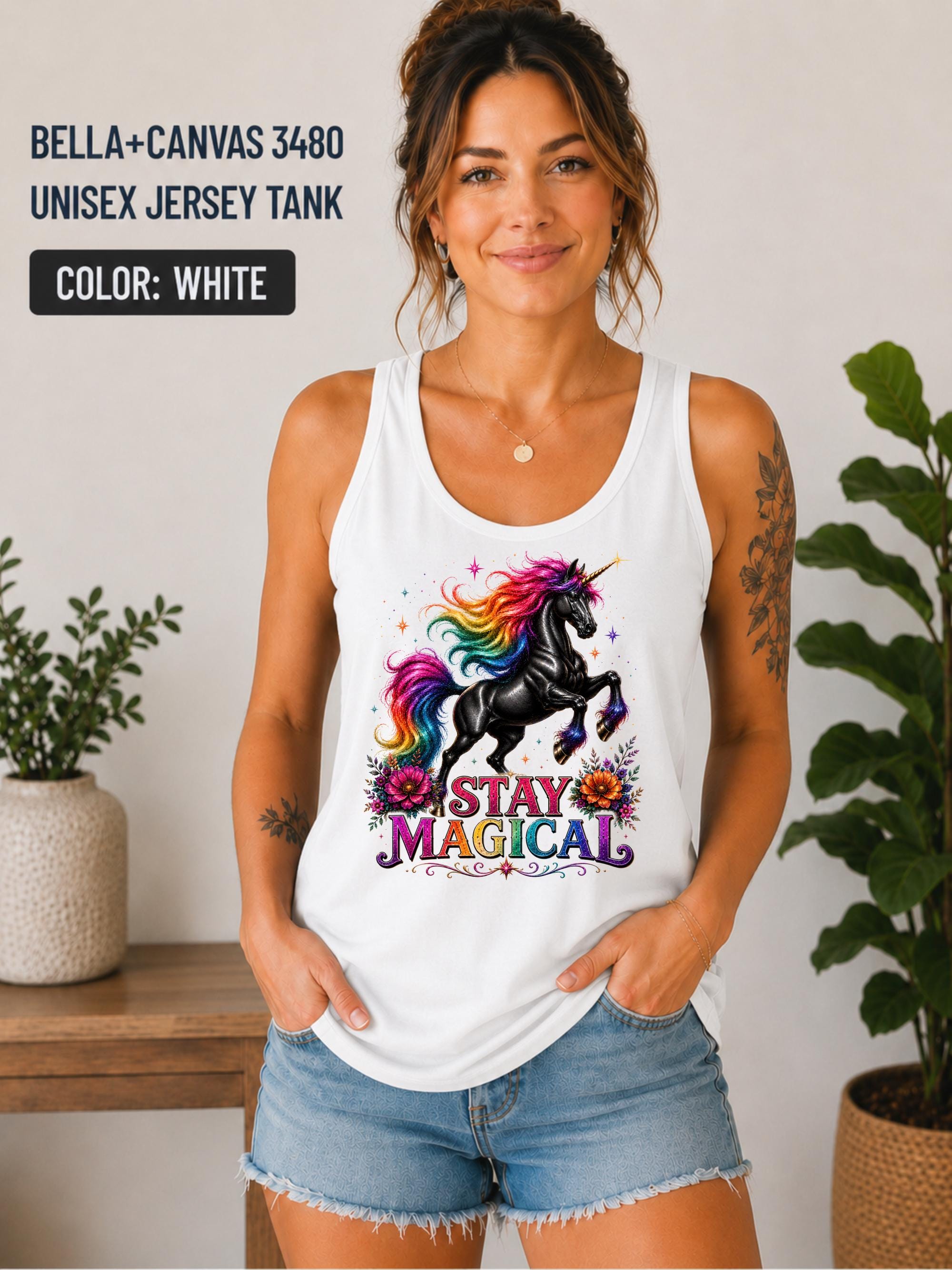 Premium Bella+Canvas unicorn tank top featuring a colorful Stay Magical design on athletic heather fabric.