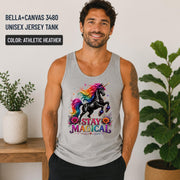 Athletic Heather Bella+Canvas 3480 unisex jersey tank featuring a colorful rainbow unicorn with the Stay Magical design.