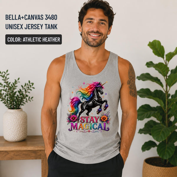Athletic Heather Bella+Canvas 3480 unisex jersey tank featuring a colorful rainbow unicorn with the Stay Magical design.