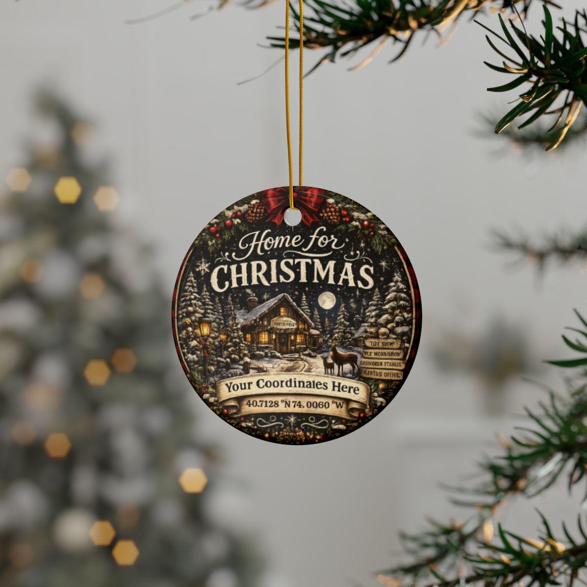 Close-up of a custom coordinates Christmas ornament displaying a winter village scene and personalized location.