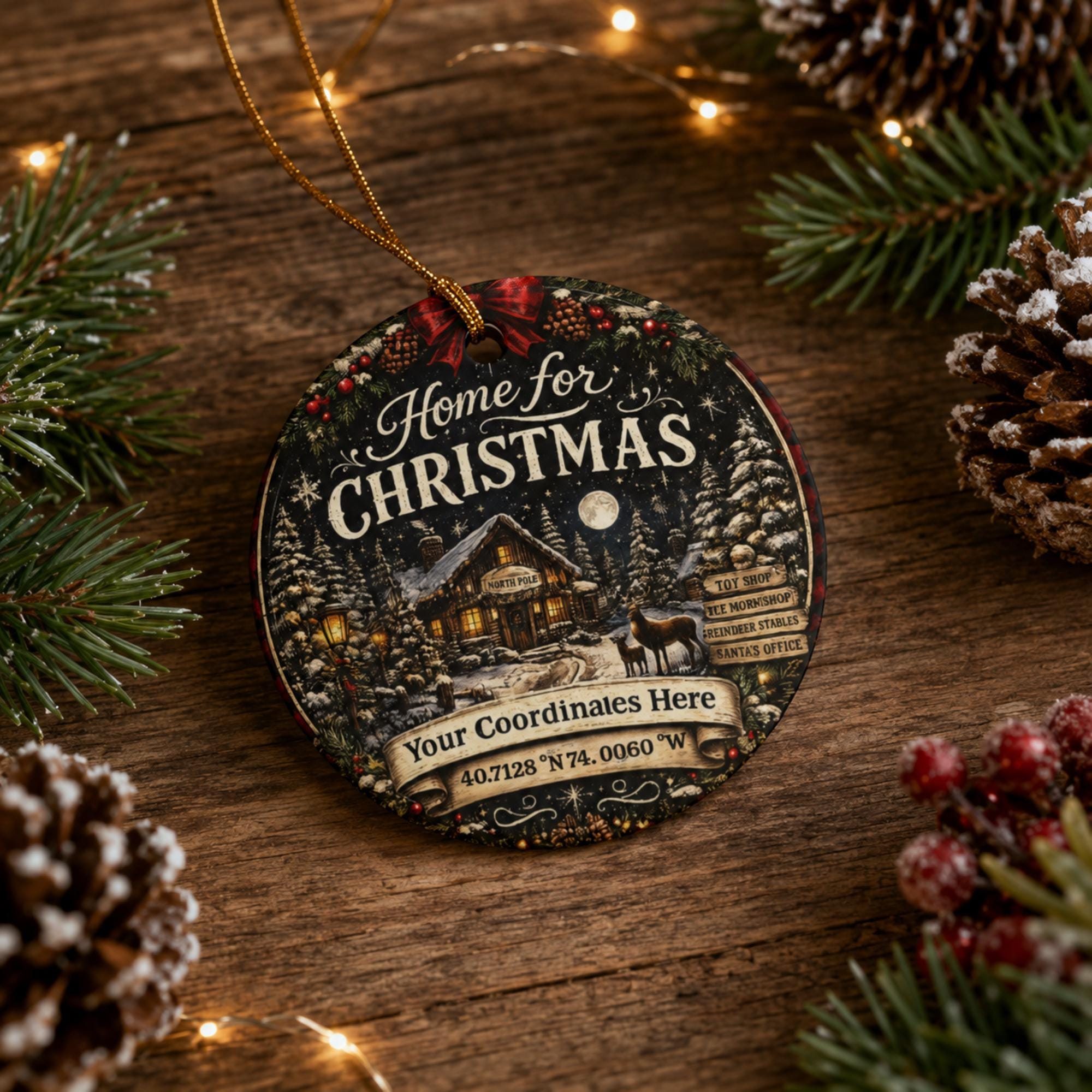 Close-up of a custom coordinates Christmas ornament displaying a winter village scene and personalized location.