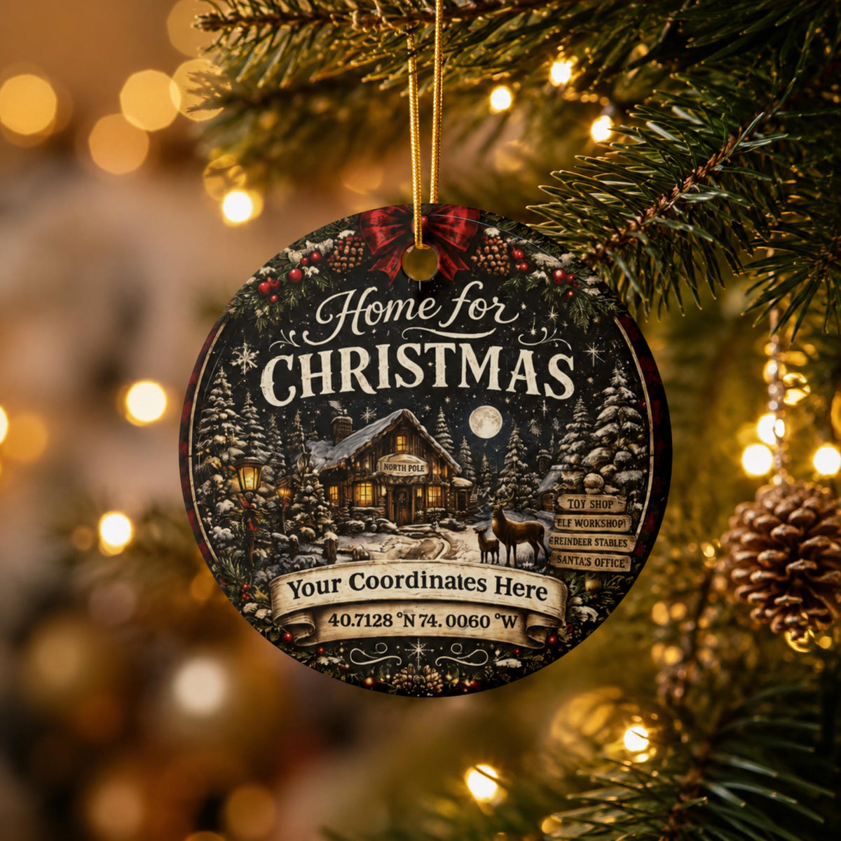 Close-up of a custom coordinates Christmas ornament displaying a winter village scene and personalized location.