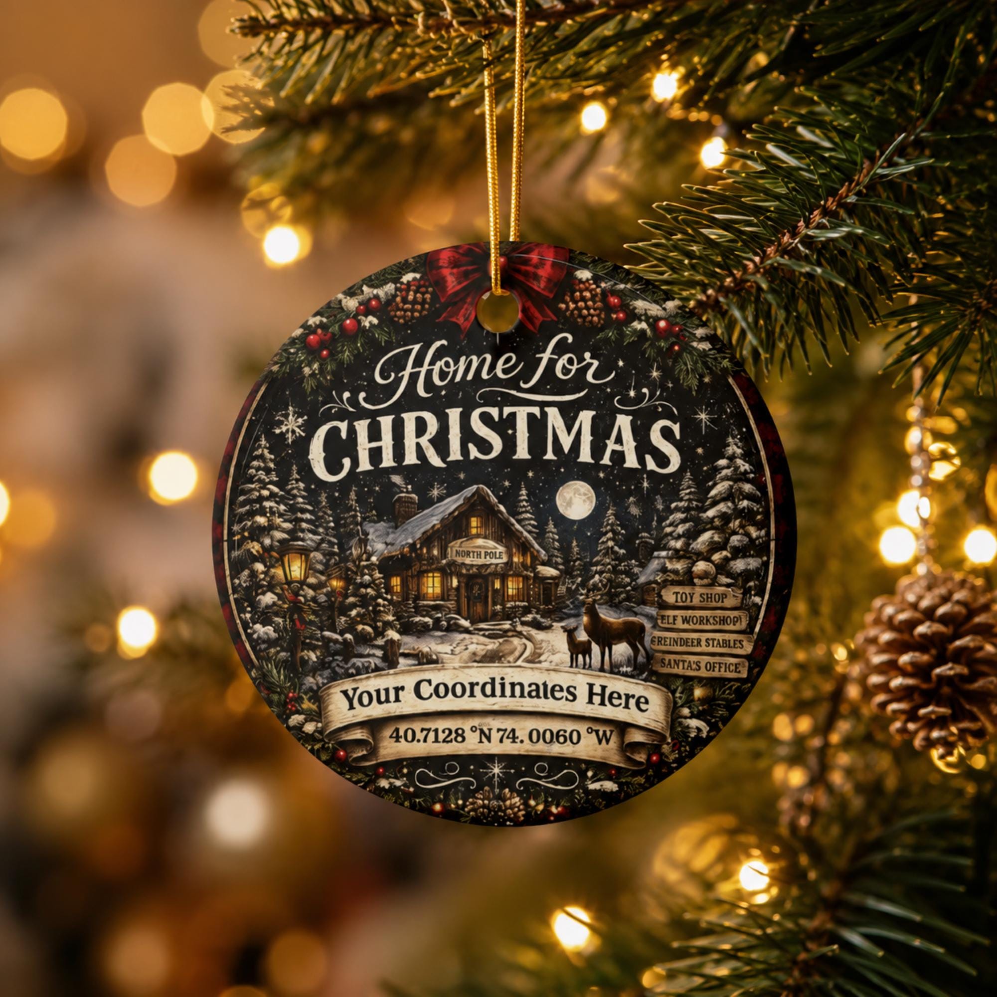 Close-up of a custom coordinates Christmas ornament displaying a winter village scene and personalized location.