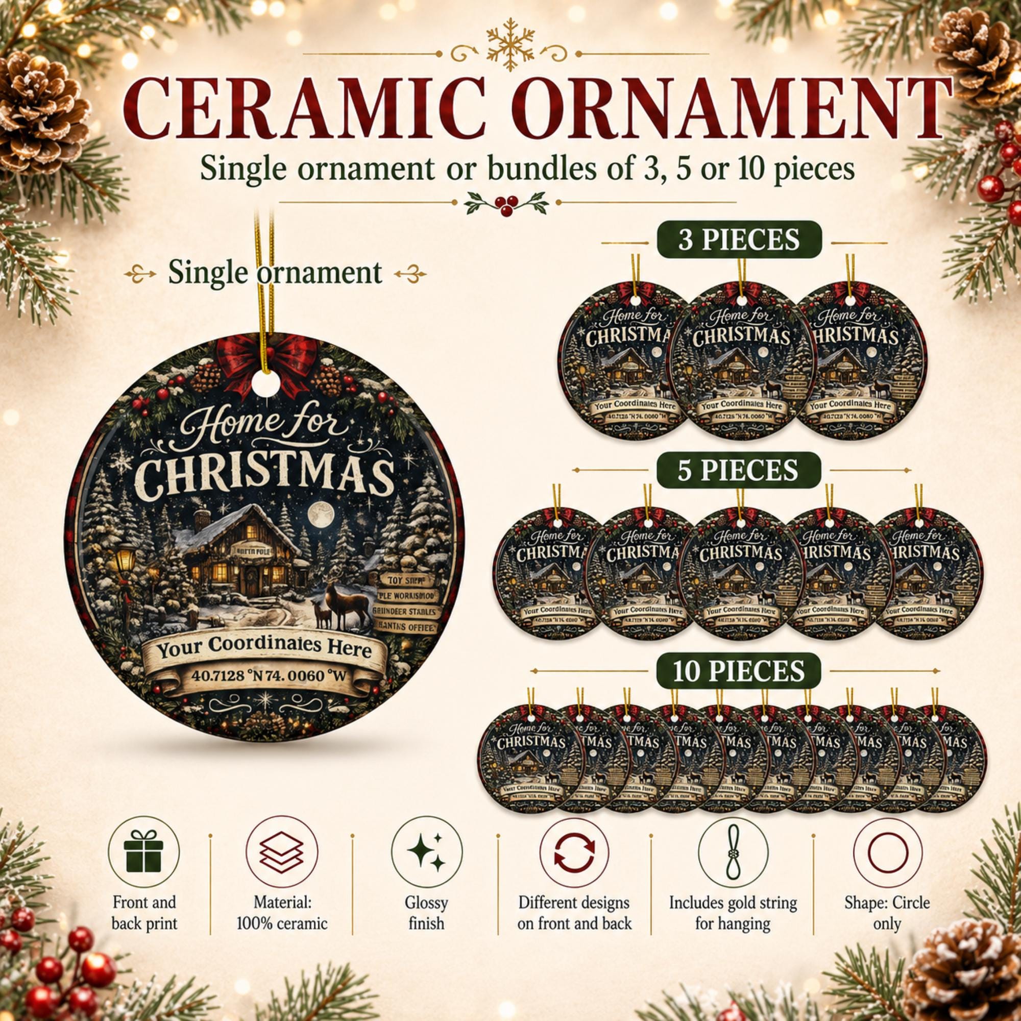 Bundle Custom ceramic ornament gift celebrating home and family traditions with personalized location coordinates.