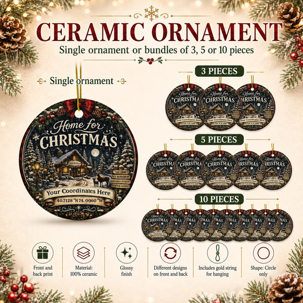 Bundle Custom ceramic ornament gift celebrating home and family traditions with personalized location coordinates.