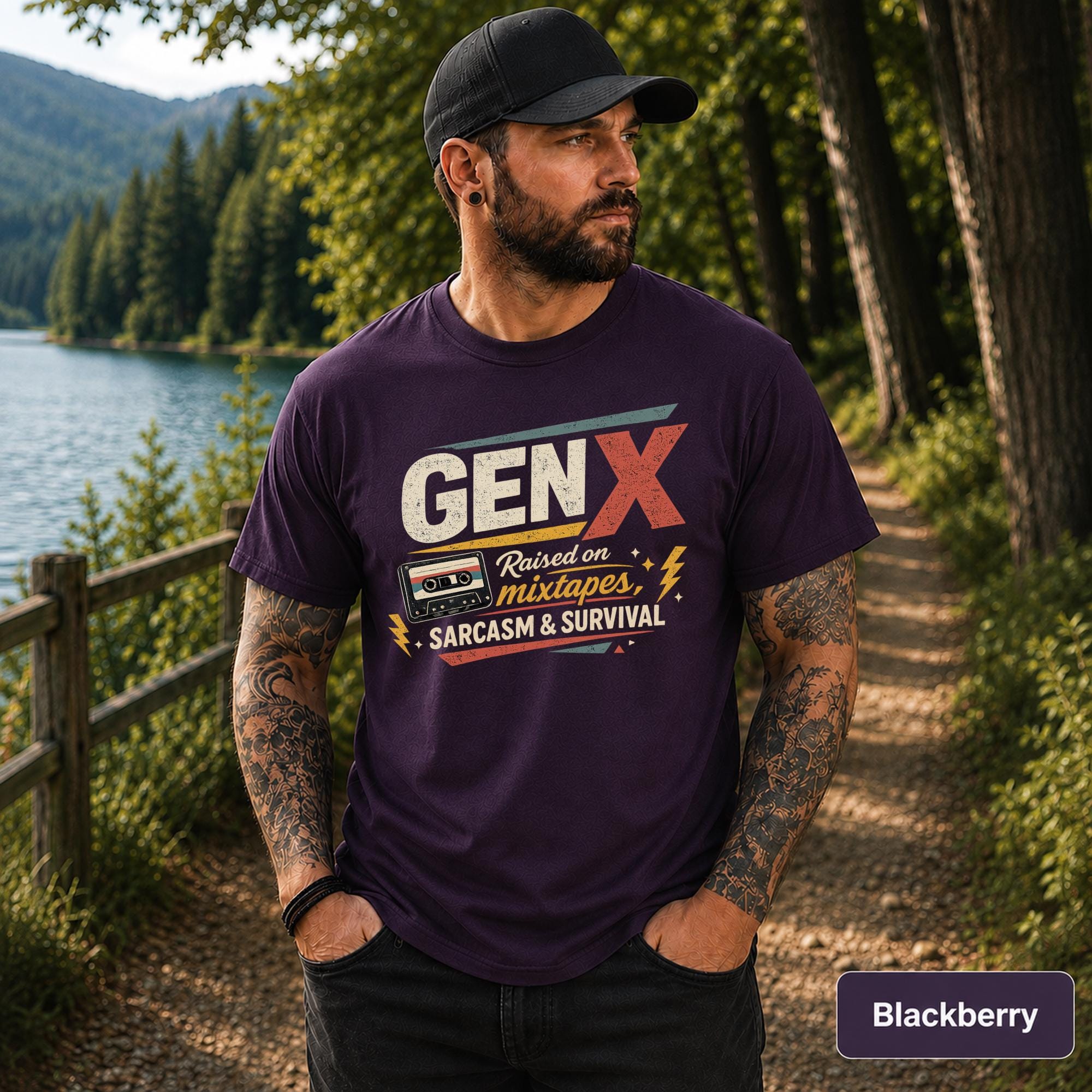 Retro cassette tape shirt combining Gen X humor, nostalgia, and bold distressed artwork.