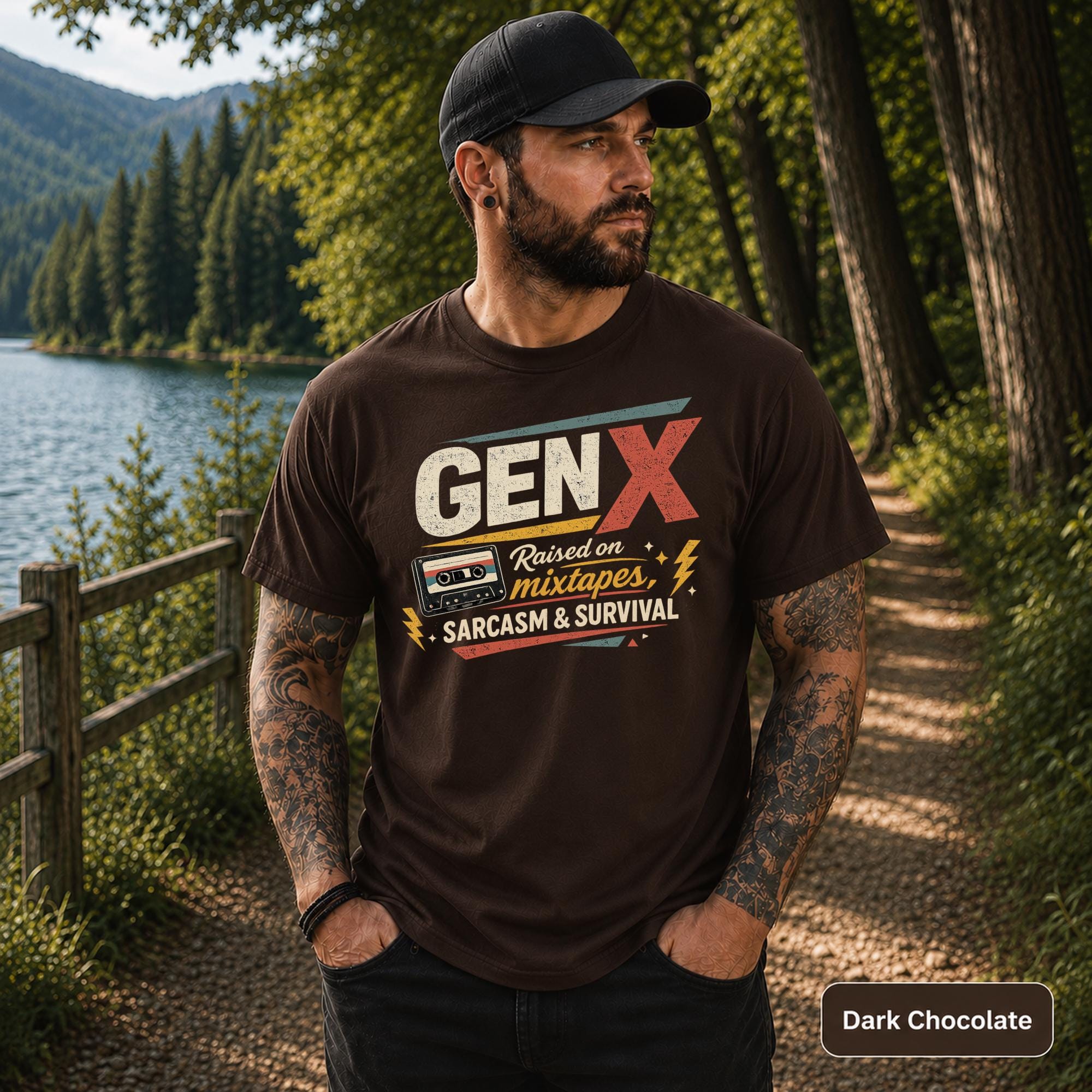 Funny Gen X shirt styled with black jeans and a cap beside a wooded mountain lake.