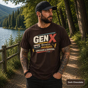 Funny Gen X shirt styled with black jeans and a cap beside a wooded mountain lake.